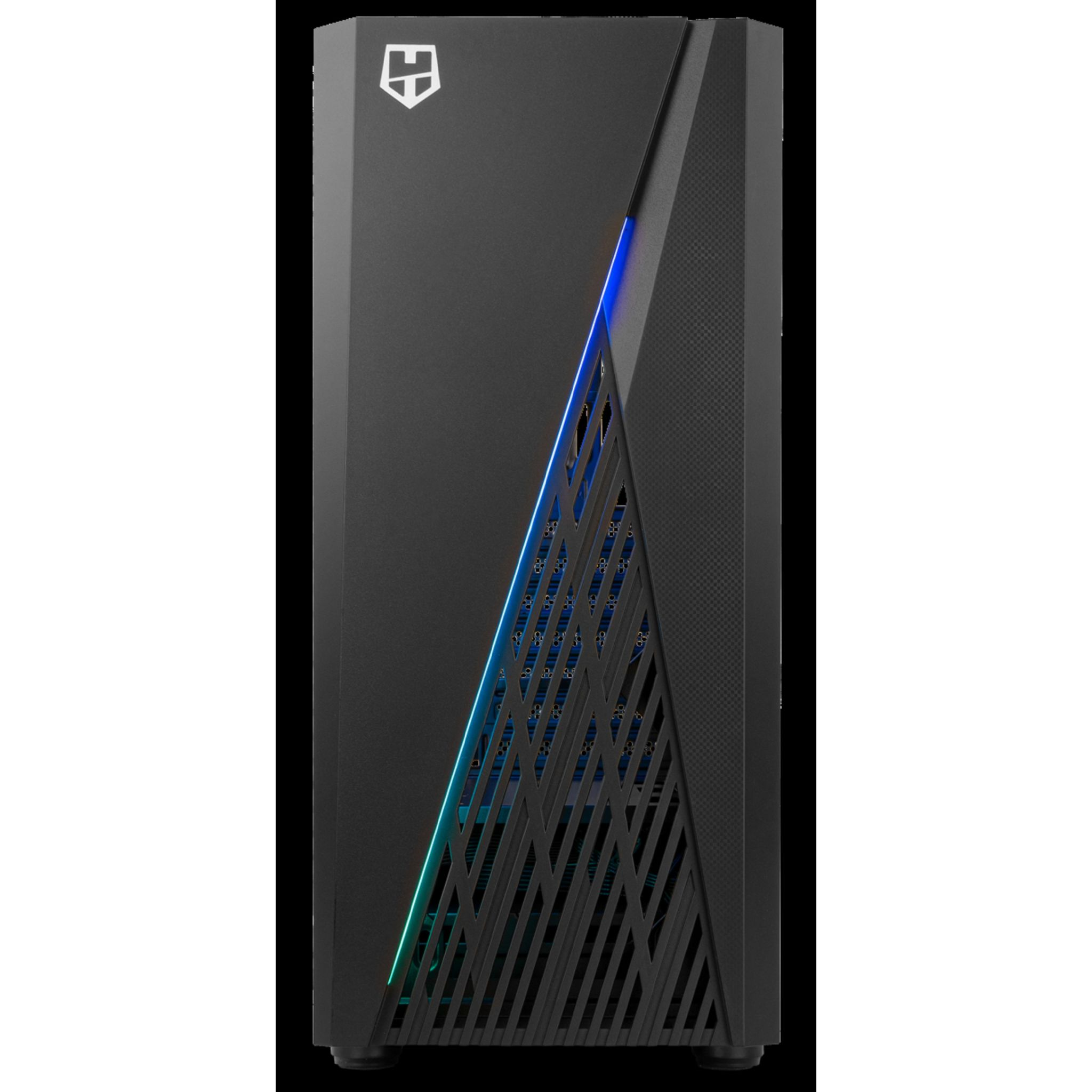 Un case nero con design geometrico e luci blu/verdi.