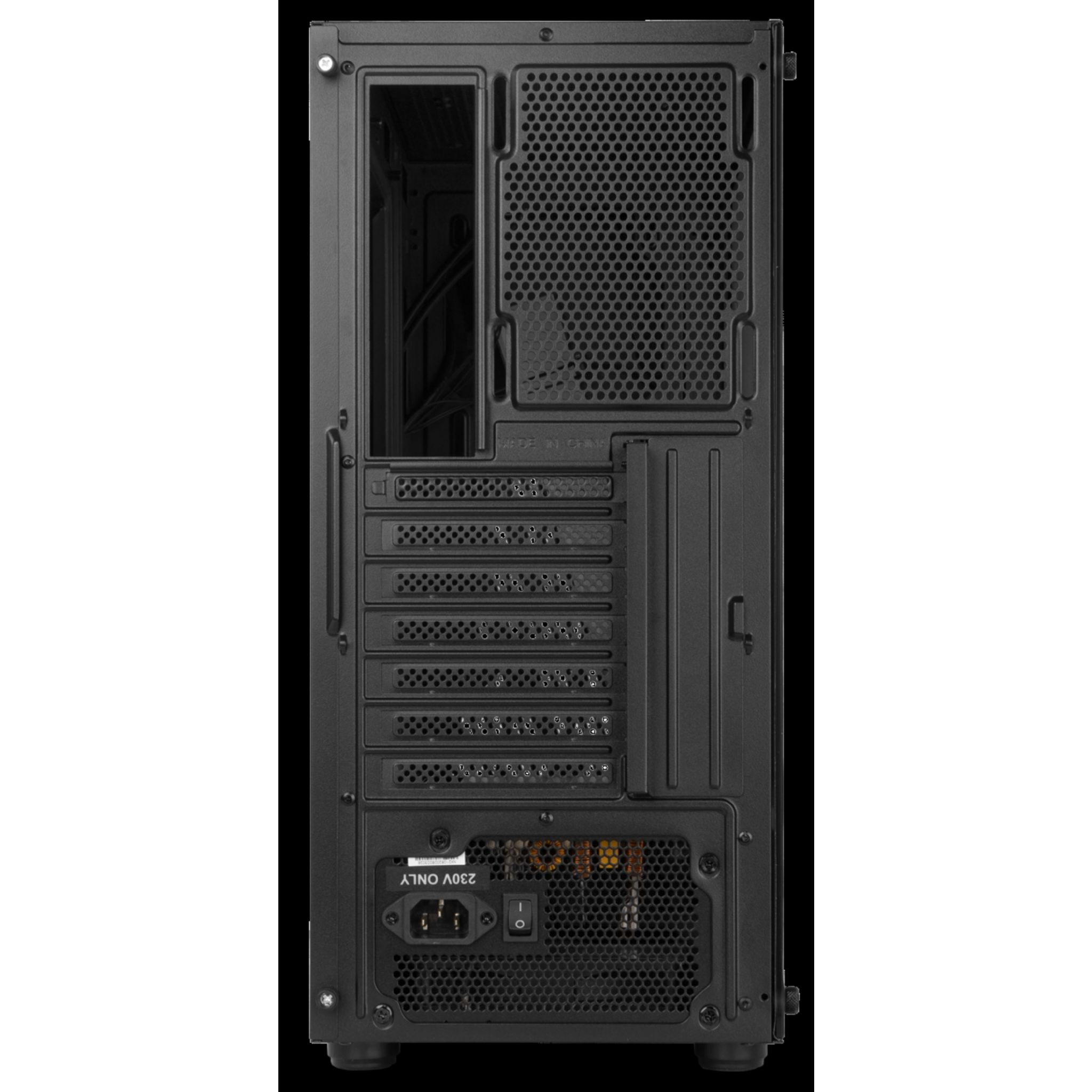 Retro di case per computer nero con varie slot, alimentatore e interruttore.
