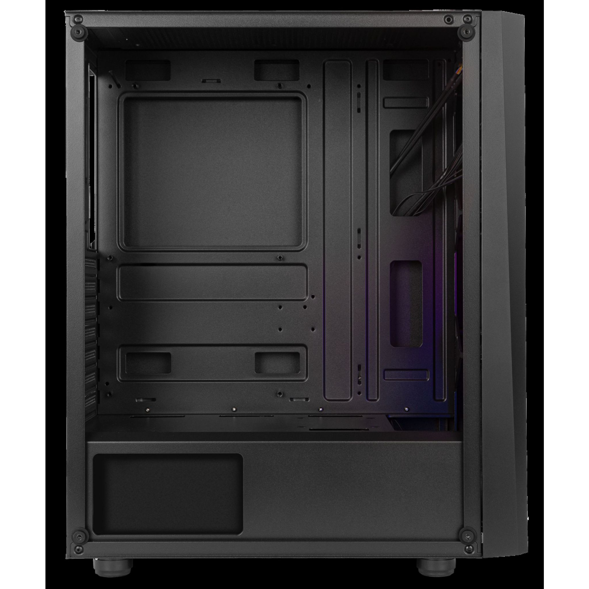 Interno di un case per computer nero. Vuoto con punti di montaggio e fori per il passaggio dei cavi visibili.