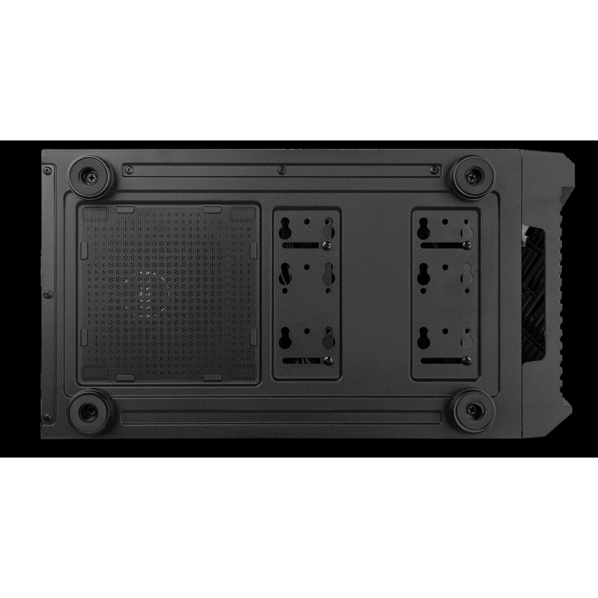 Vista inferiore di un case per PC nero, con porte e fori di montaggio.