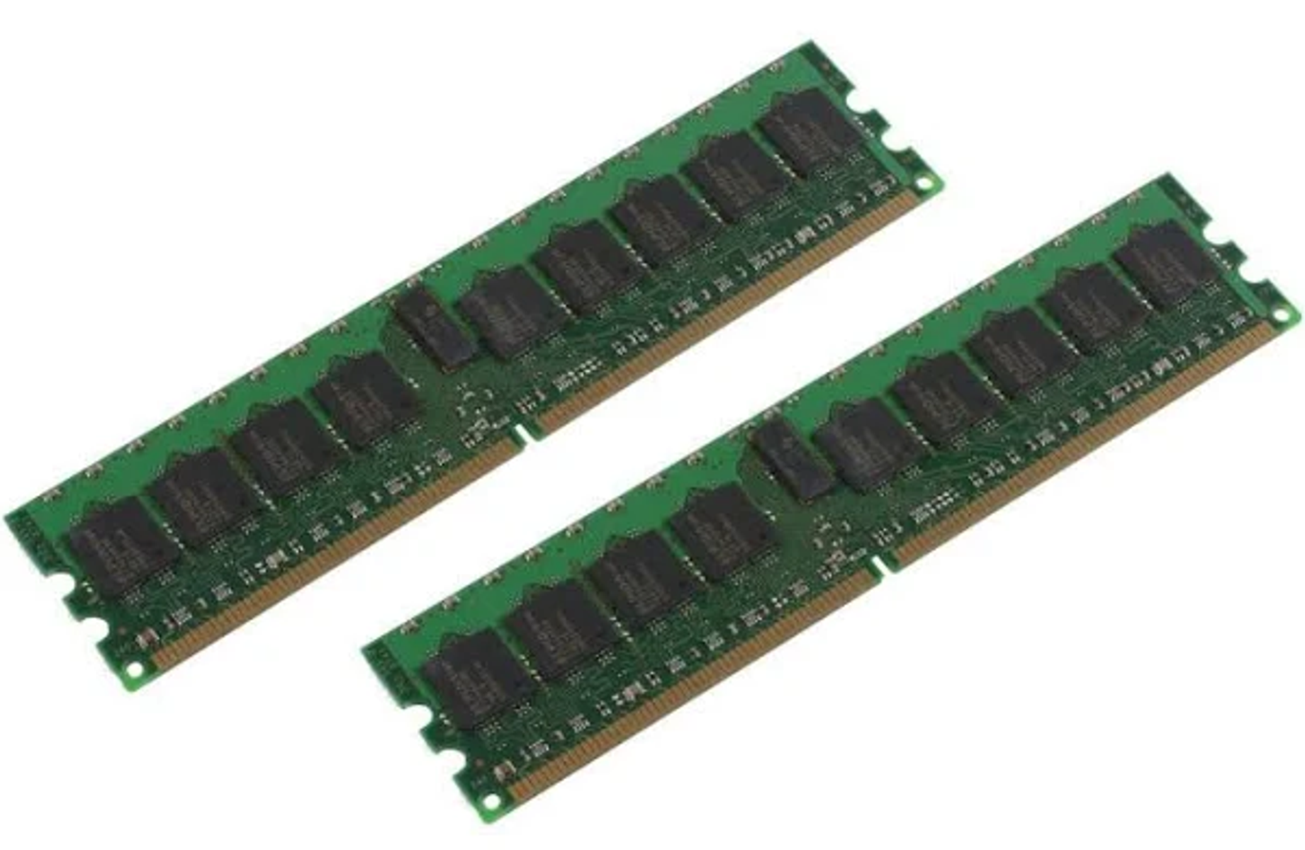 Due stick RAM verdi con chip neri su sfondo bianco.