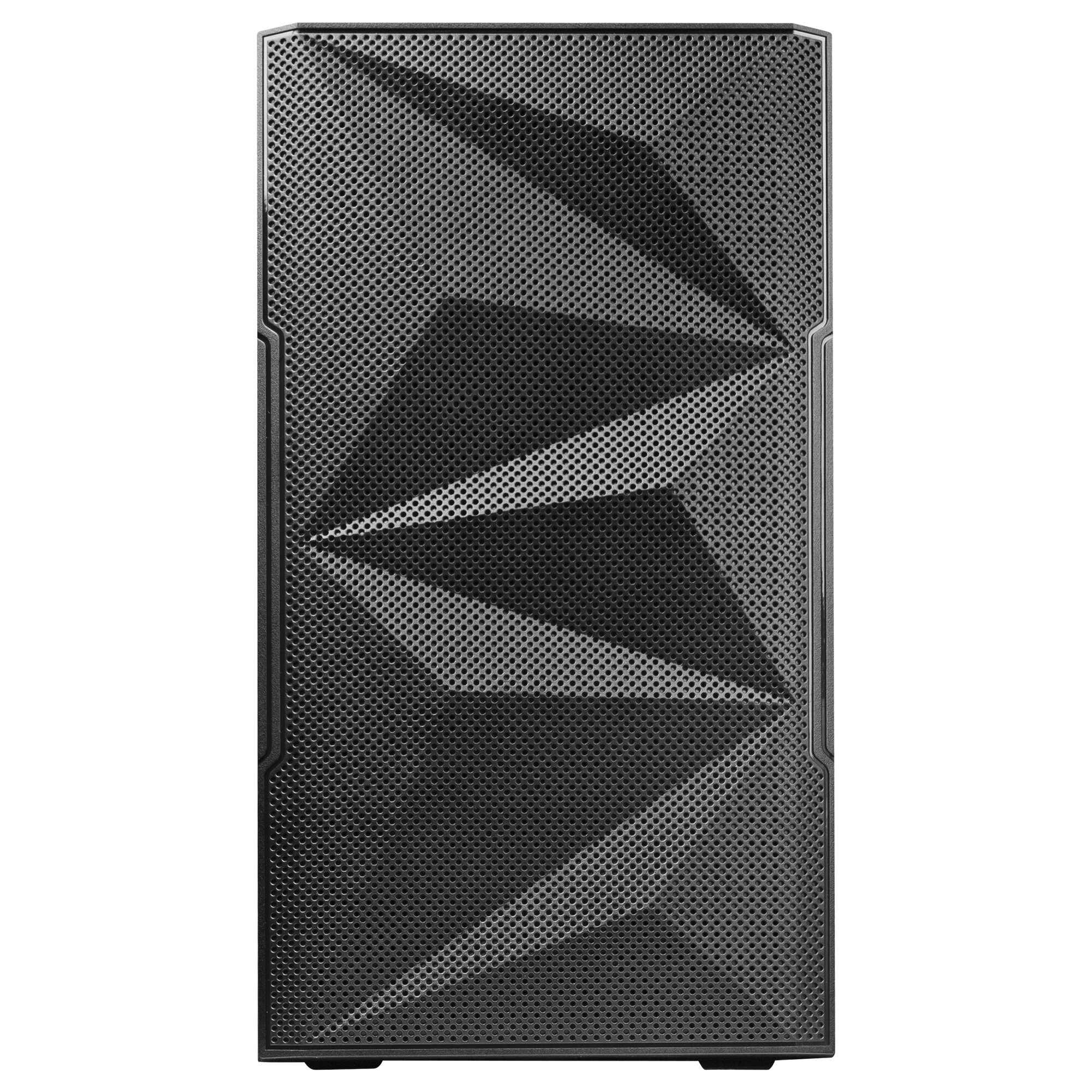 Caja de ordenador negra con diseño geométrico y panel frontal perforado.