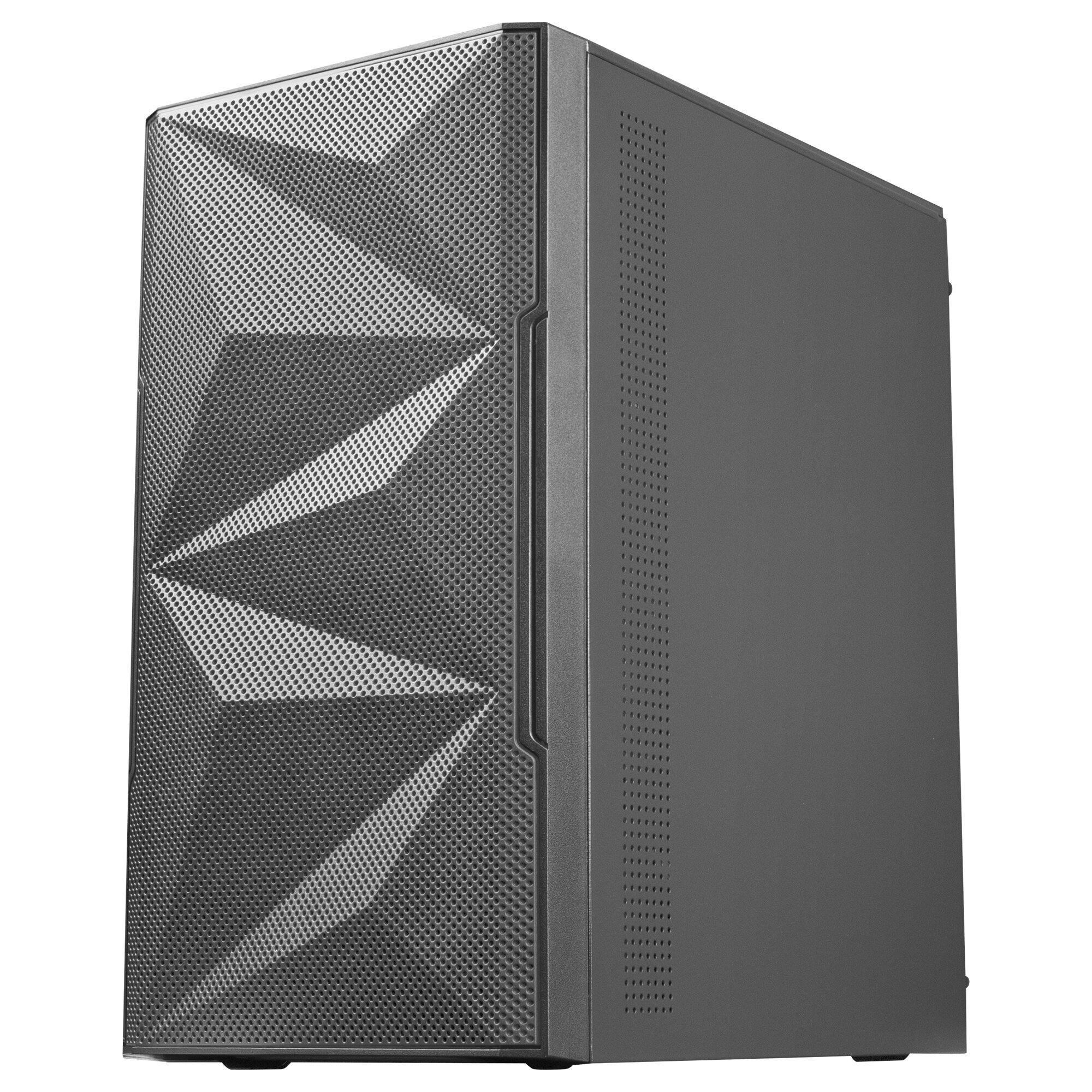 Caja de ordenador gris oscuro con panel frontal de diseño geométrico. Laterales perforados.