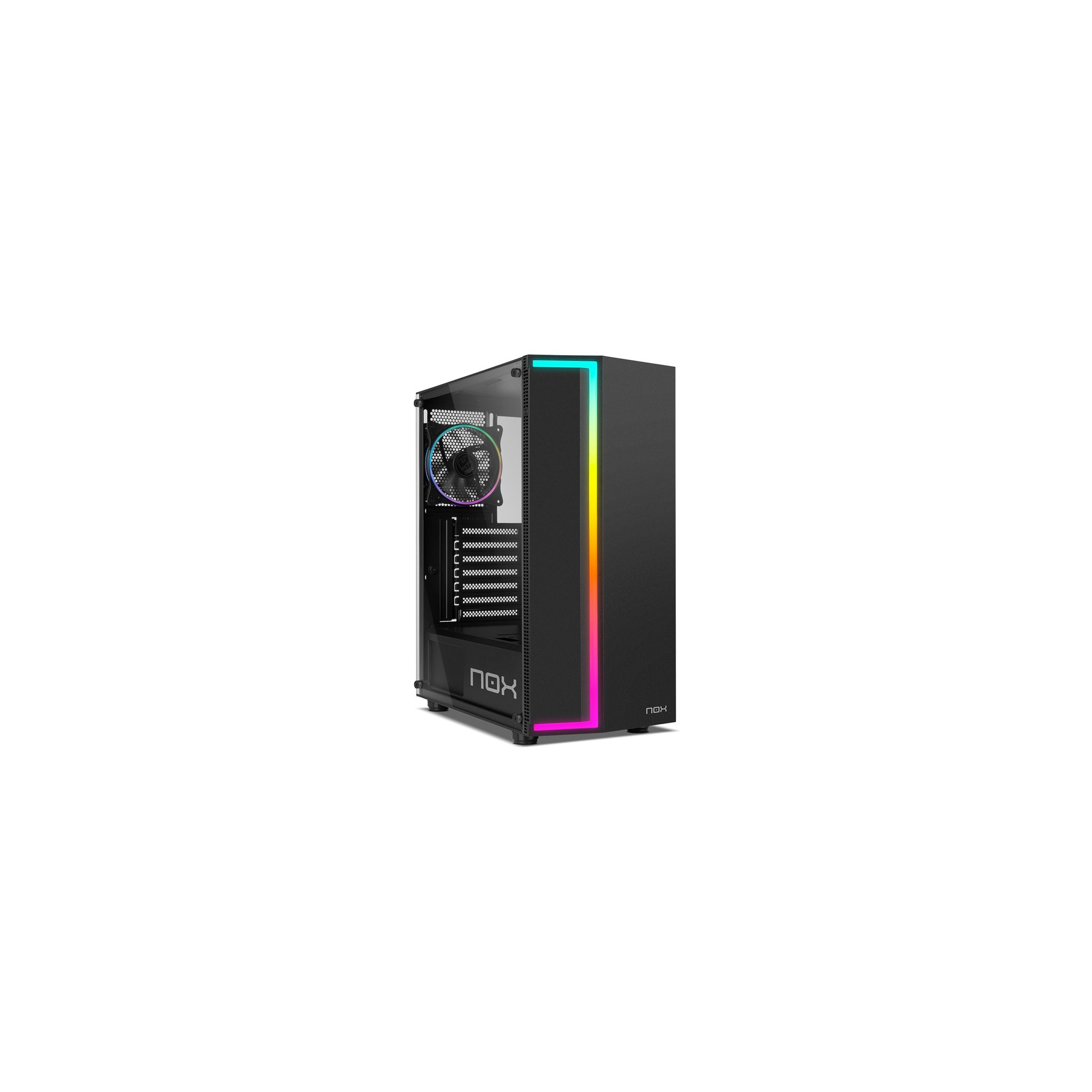 Case per computer nero con pannello laterale trasparente. Luci RGB visibili sul lato.