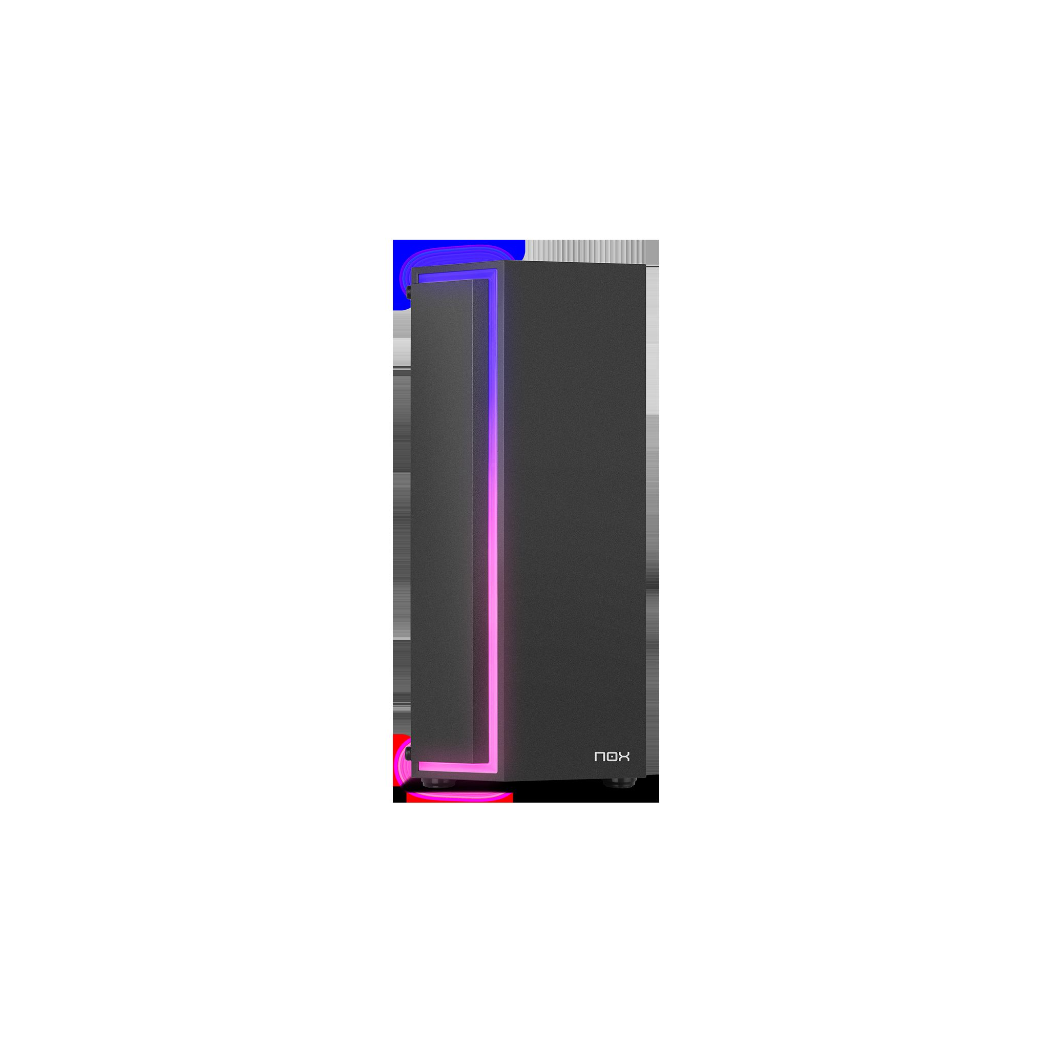 Case PC nero con una striscia luminosa verticale sul davanti. Il logo NOX è visibile.