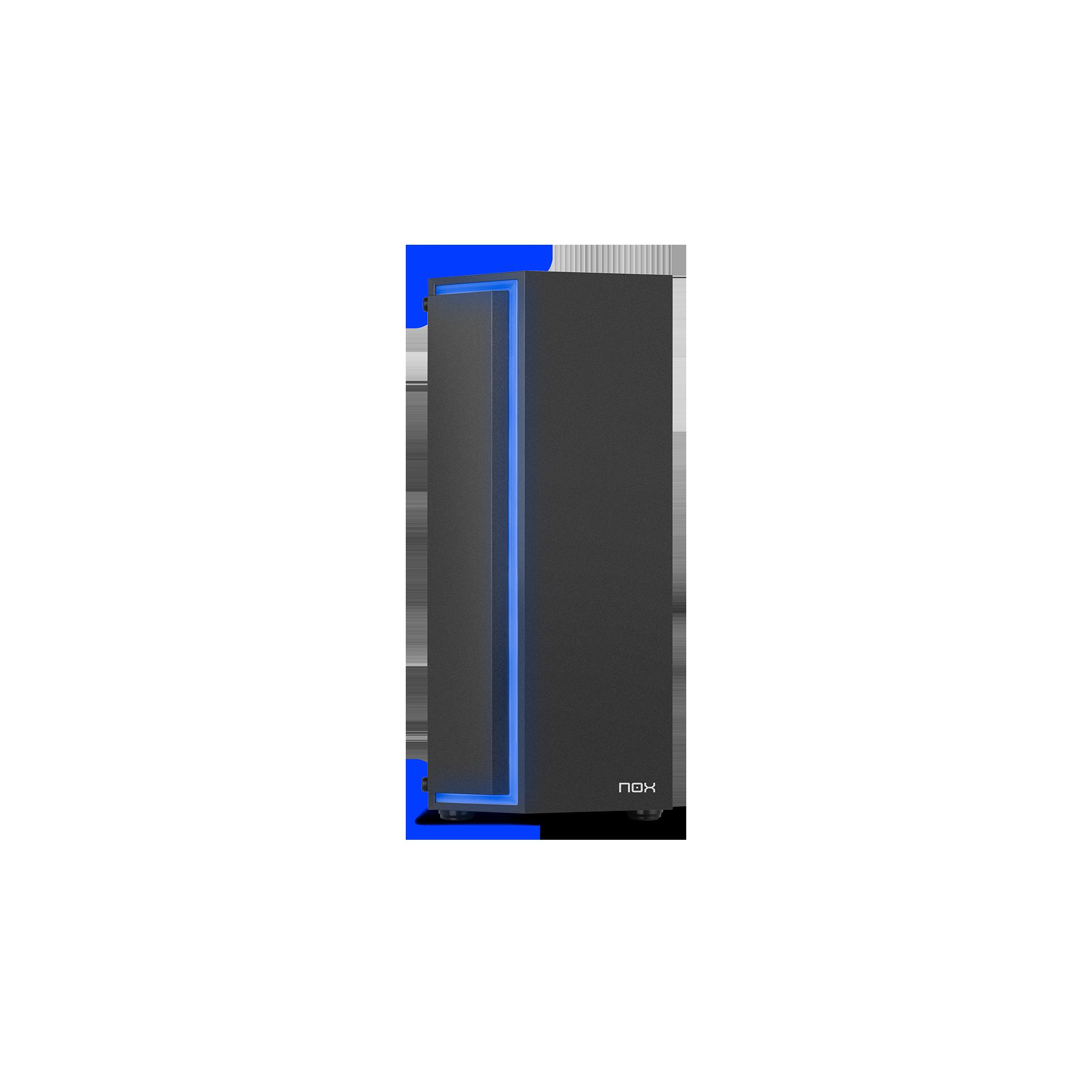 Un case per computer nero con una striscia di luce blu sul davanti. Il logo 'NOX' è in basso.