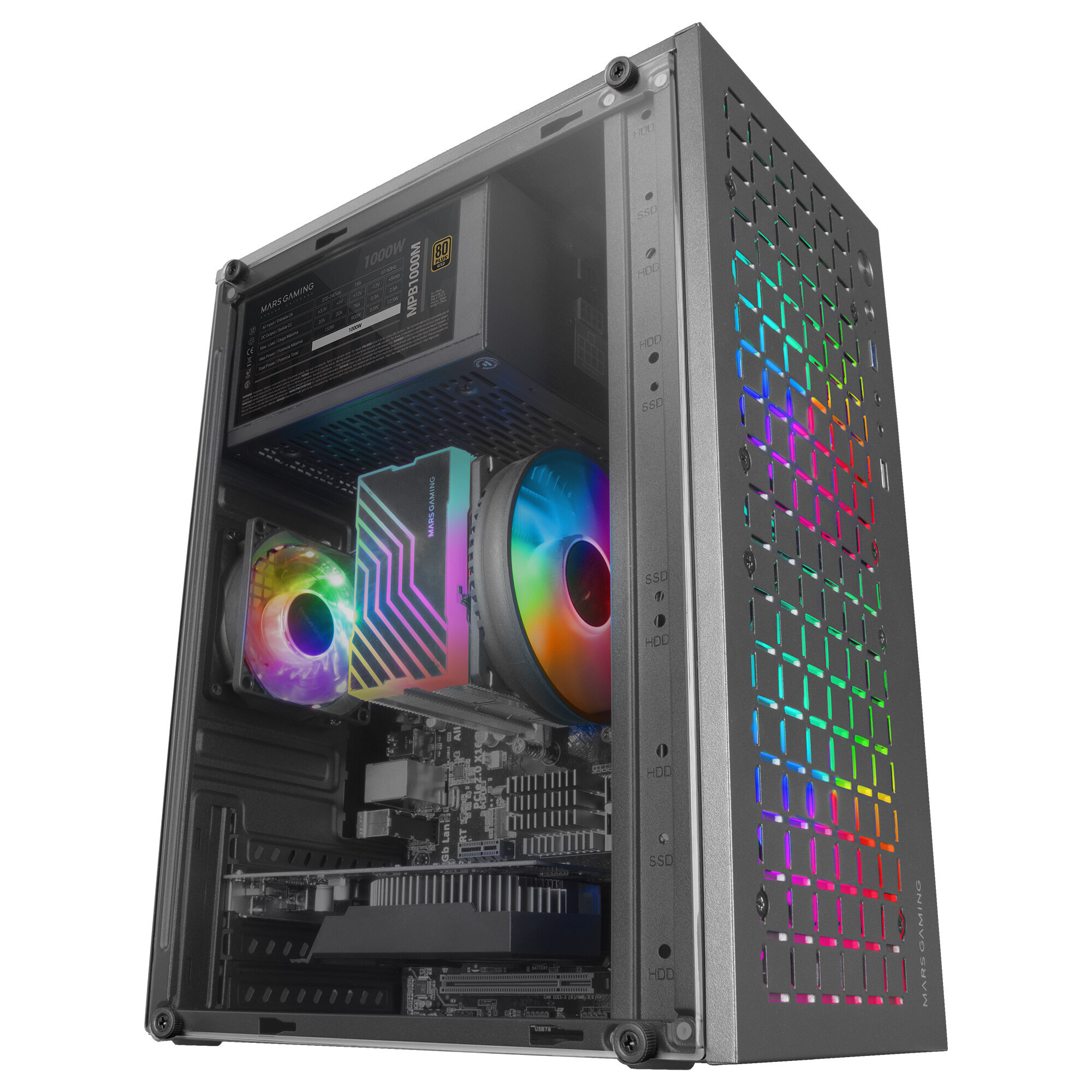 Szara obudowa komputera z wewnętrznymi komponentami i oświetleniem RGB.