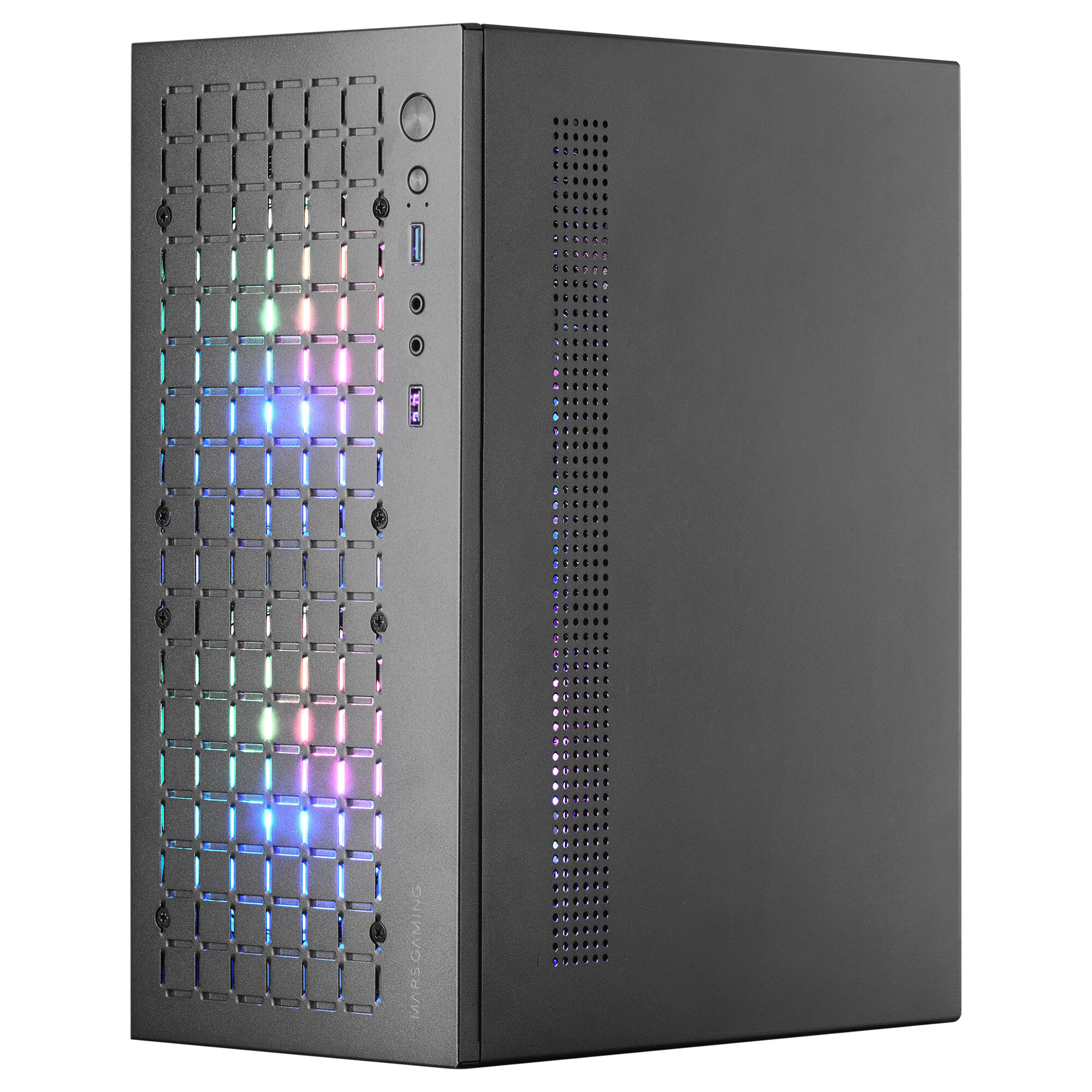 Czarna obudowa PC z podświetleniem RGB. Przód ma wzór kraty. Bok jest czarny z otworami wentylacyjnymi.