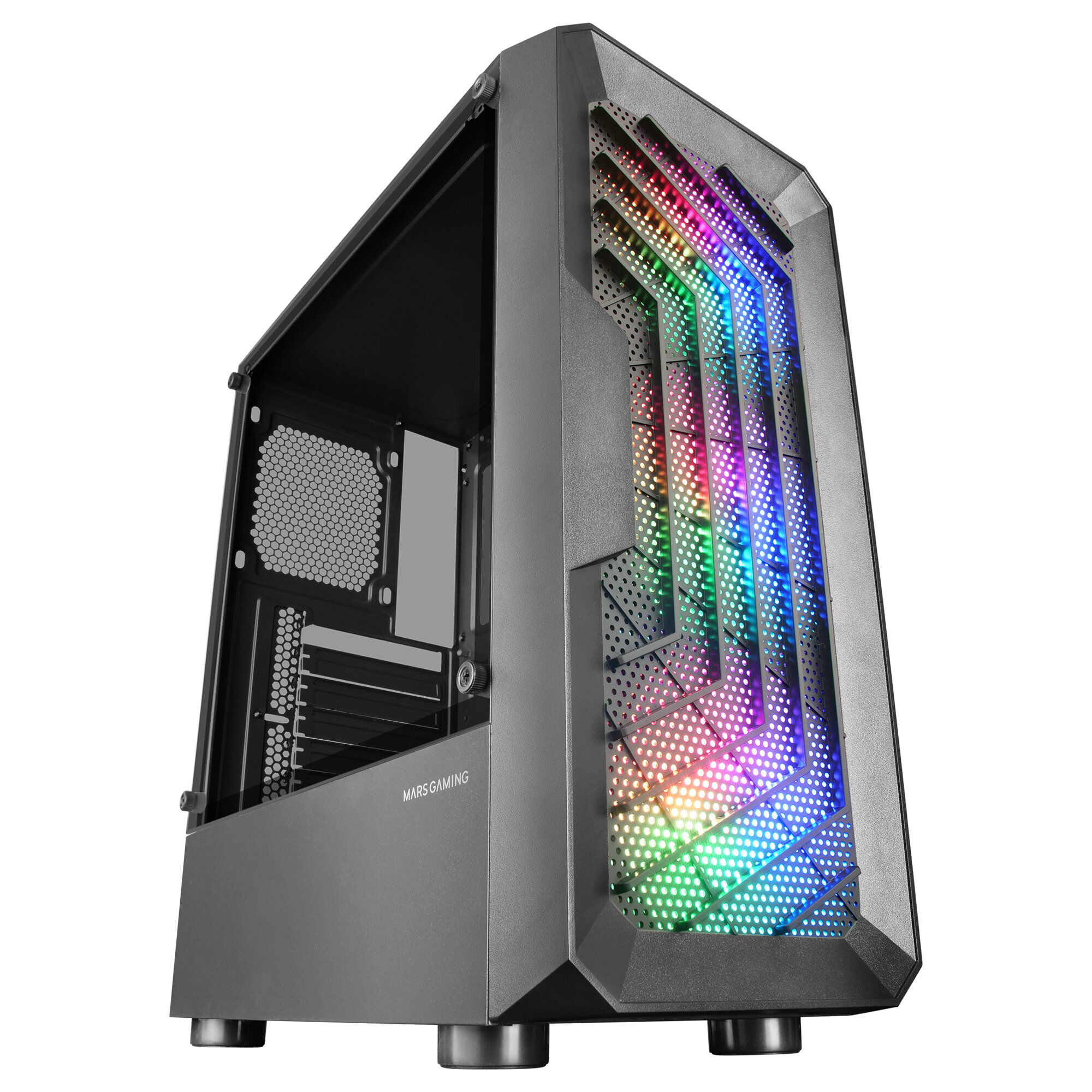 Case PC nero con luci RGB, logo MARSGAMING. La parte anteriore ha un motivo.