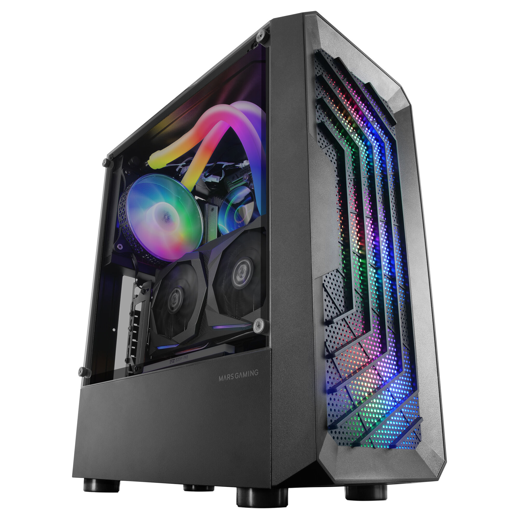 Case PC nero con pannello laterale in vetro. Interno: dissipatore CPU, ventole, luci colorate. Davanti: logo MARS GAMING.