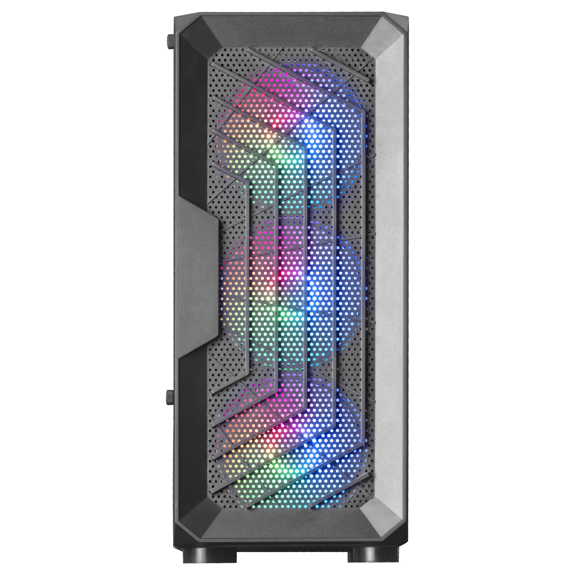 Case per computer nero con un pannello frontale che si illumina con i colori dell'arcobaleno. Ha un design a griglia.