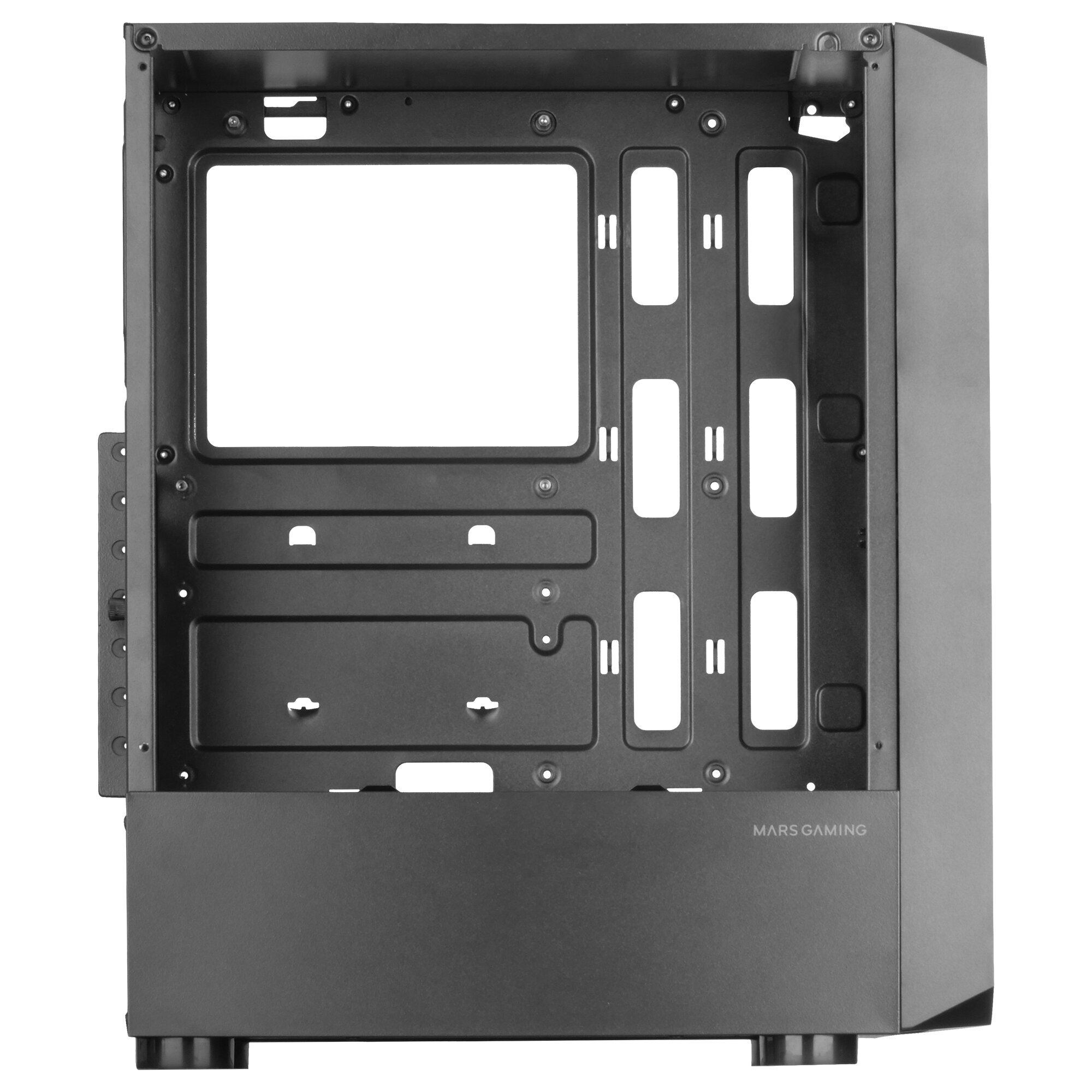 Case di computer vuoto con interno visibile, colore nero.