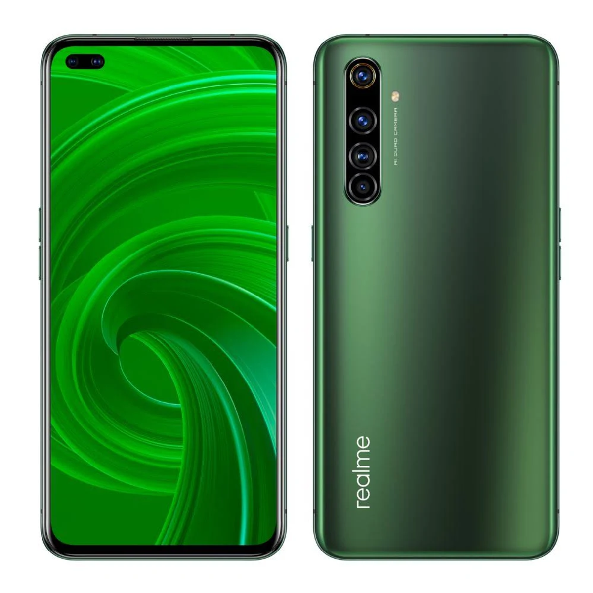 Smartphone verde, vista fronte e retro. Presenta una configurazione multi-fotocamera e uno schermo.