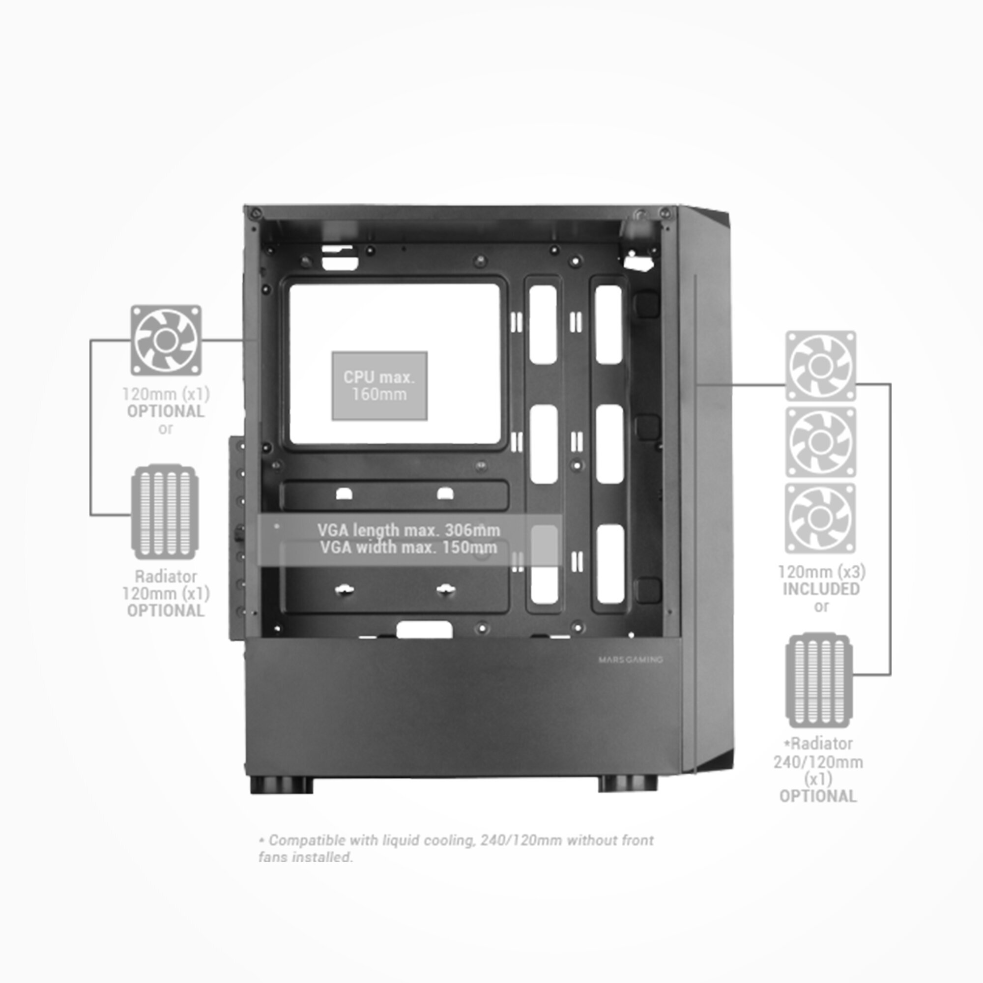 Vista interna di un case per computer nero. Sono visibili diagrammi con misure.