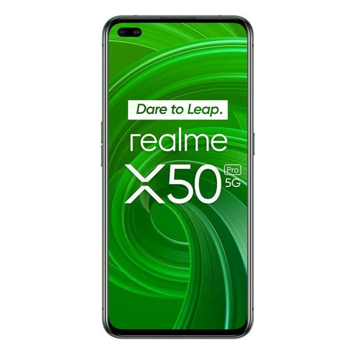 Lo schermo dello smartphone mostra 'Dare to Leap', 'realme X50 Pro 5G'. Lo sfondo è verde.