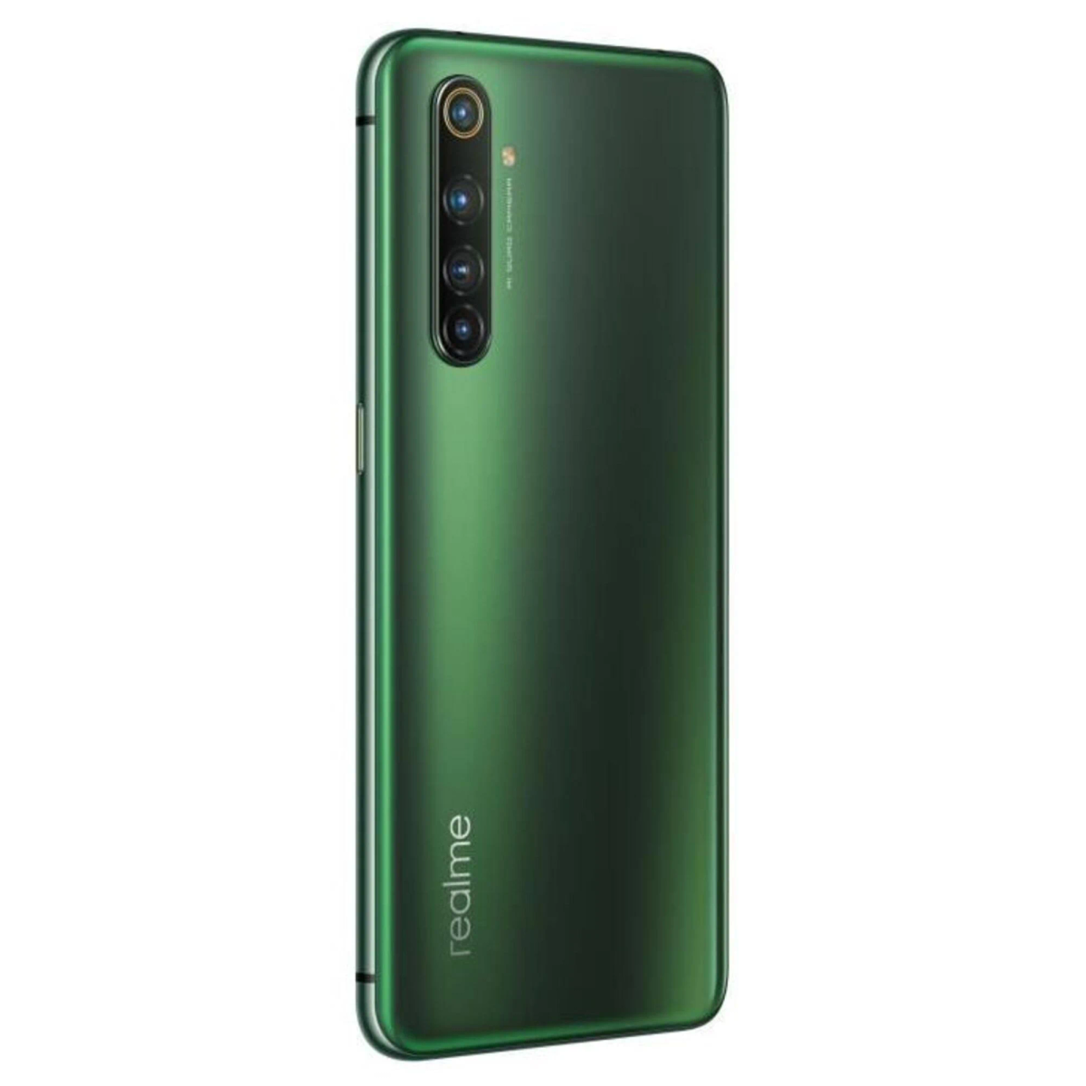 Retro di smartphone verde con più fotocamere, logo e profilo sottile.
