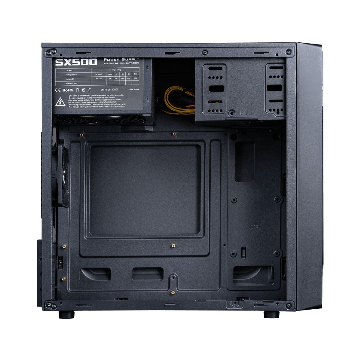 Vista interna di un case per computer nero, che mostra componenti come l'alimentatore, gli alloggiamenti per dischi rigidi e i supporti per ventole.