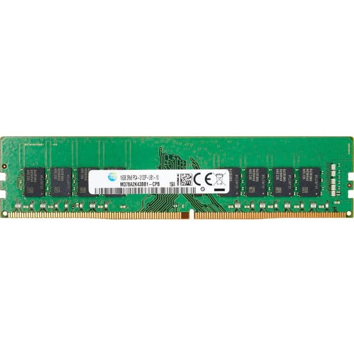 Memoria RAM verde con chips y etiqueta blanca. Sobre fondo blanco.