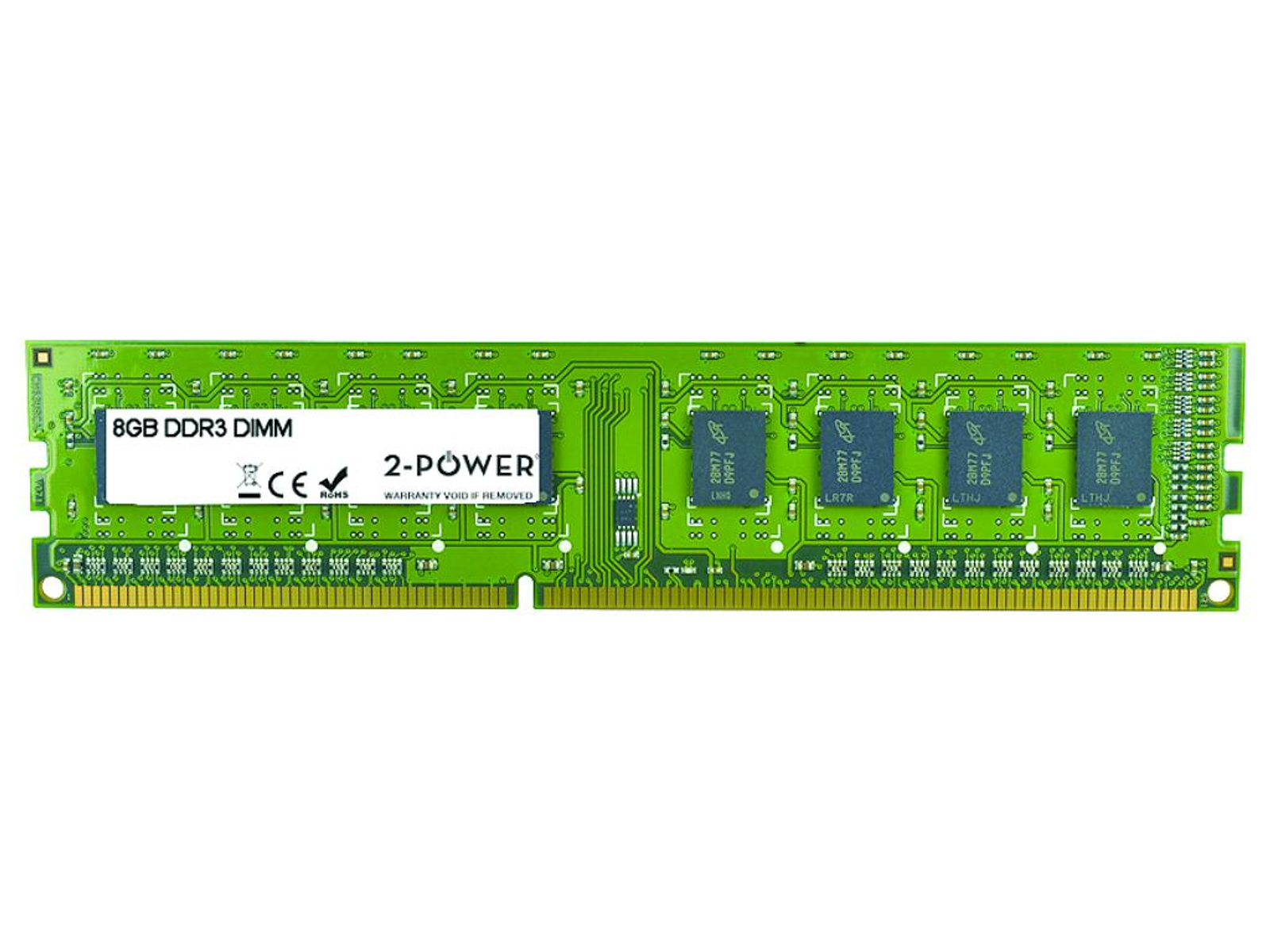 RAM-module, groen, met zwarte chips en tekst '8GB DDR3 DIMM'.