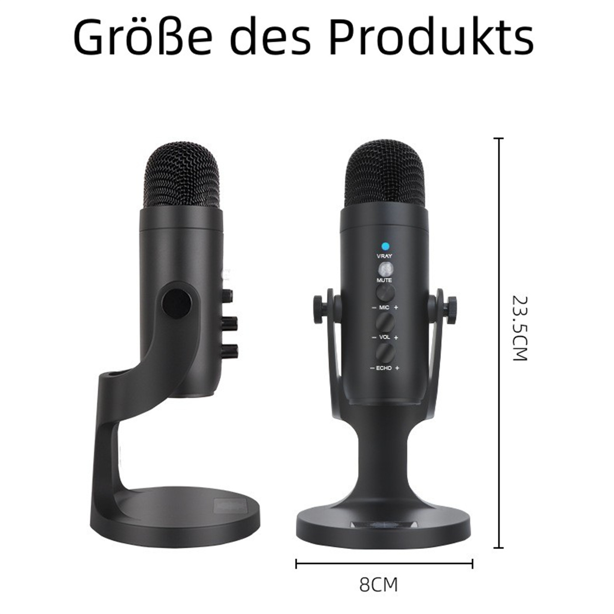 Dos micrófonos negros sobre soportes. Una etiqueta indica 23,5 cm de altura y 8 cm de ancho.