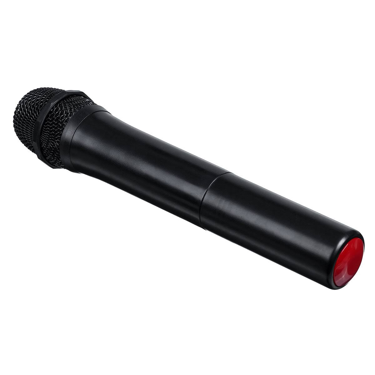 Un micrófono negro con cabezal de malla y botón rojo sobre fondo blanco.