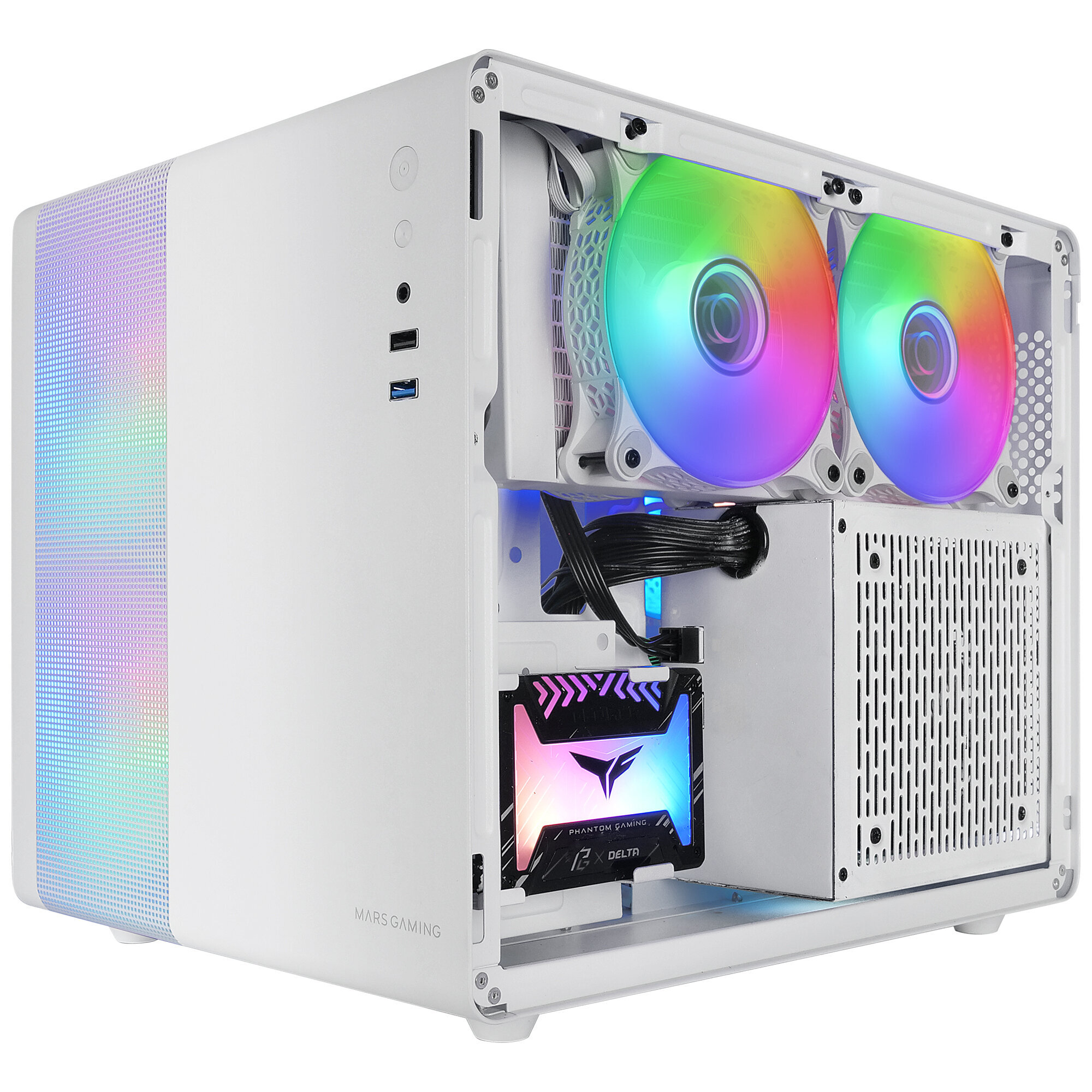 Biała obudowa komputera z wentylatorami RGB. Widoczne wewnętrzne komponenty.