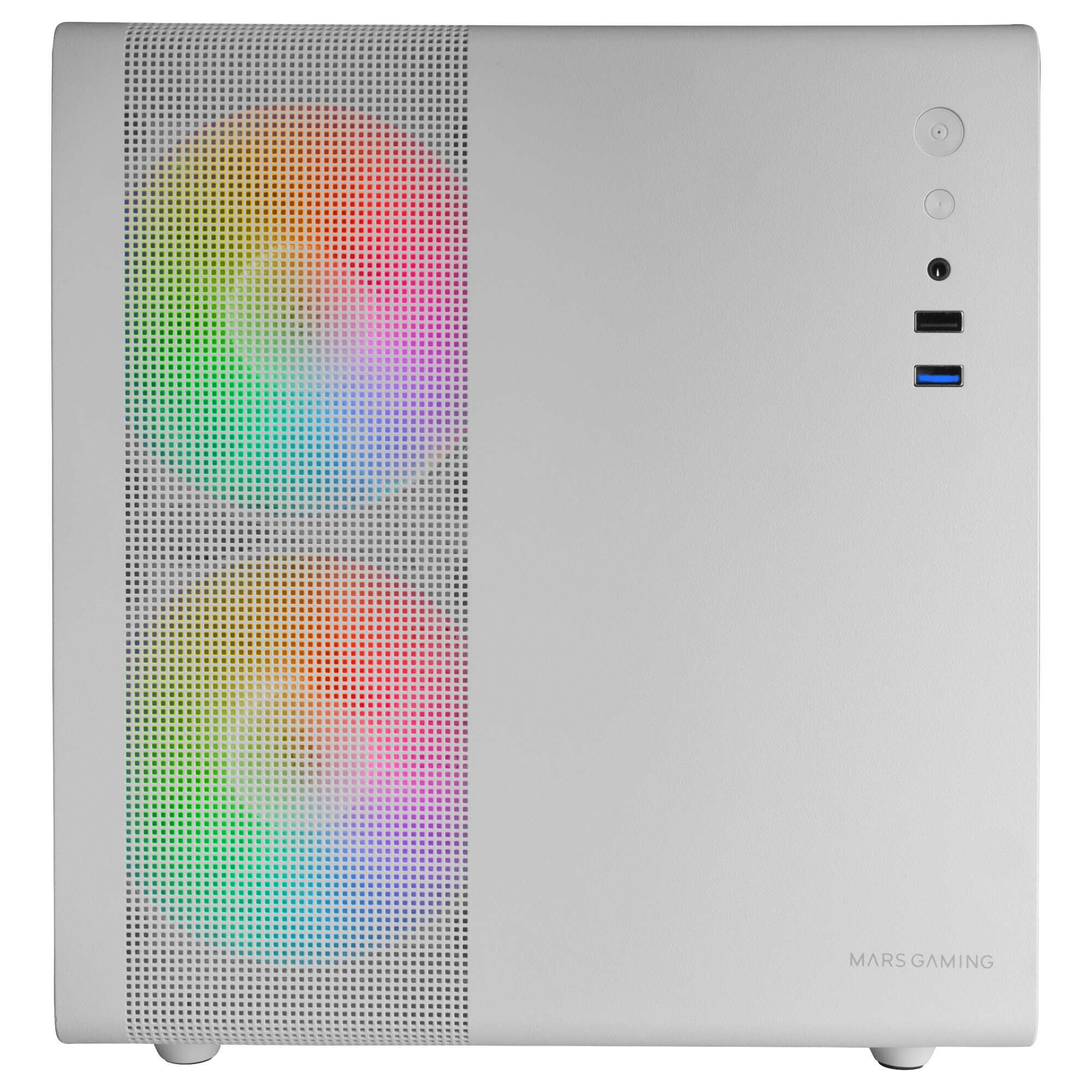 Biała obudowa komputera z kolorowymi wentylatorami RGB. Obudowa ma przedni panel z siatki.