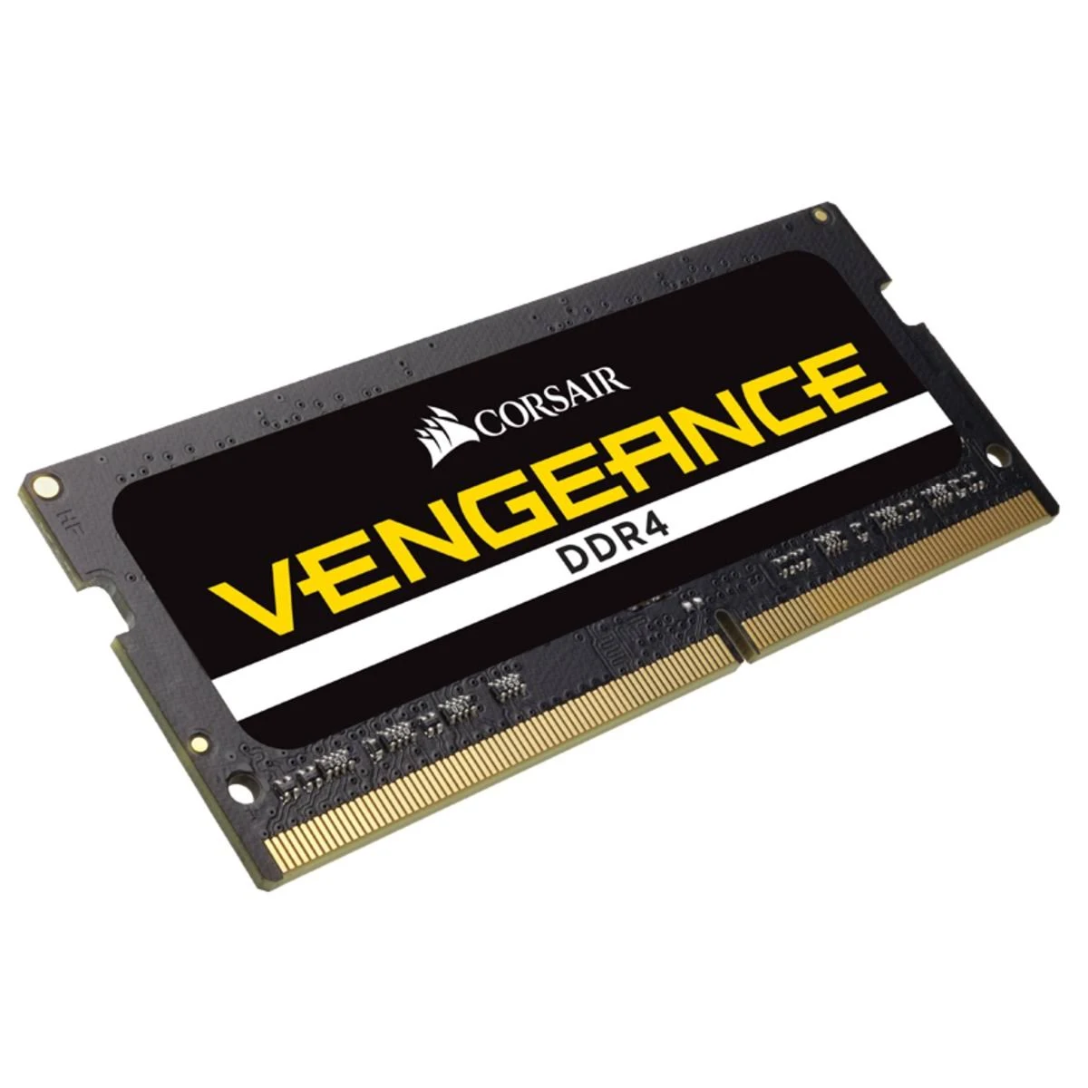 Czarna kość RAM Corsair Vengeance DDR4 z czarno-żółtą etykietą na białym tle.