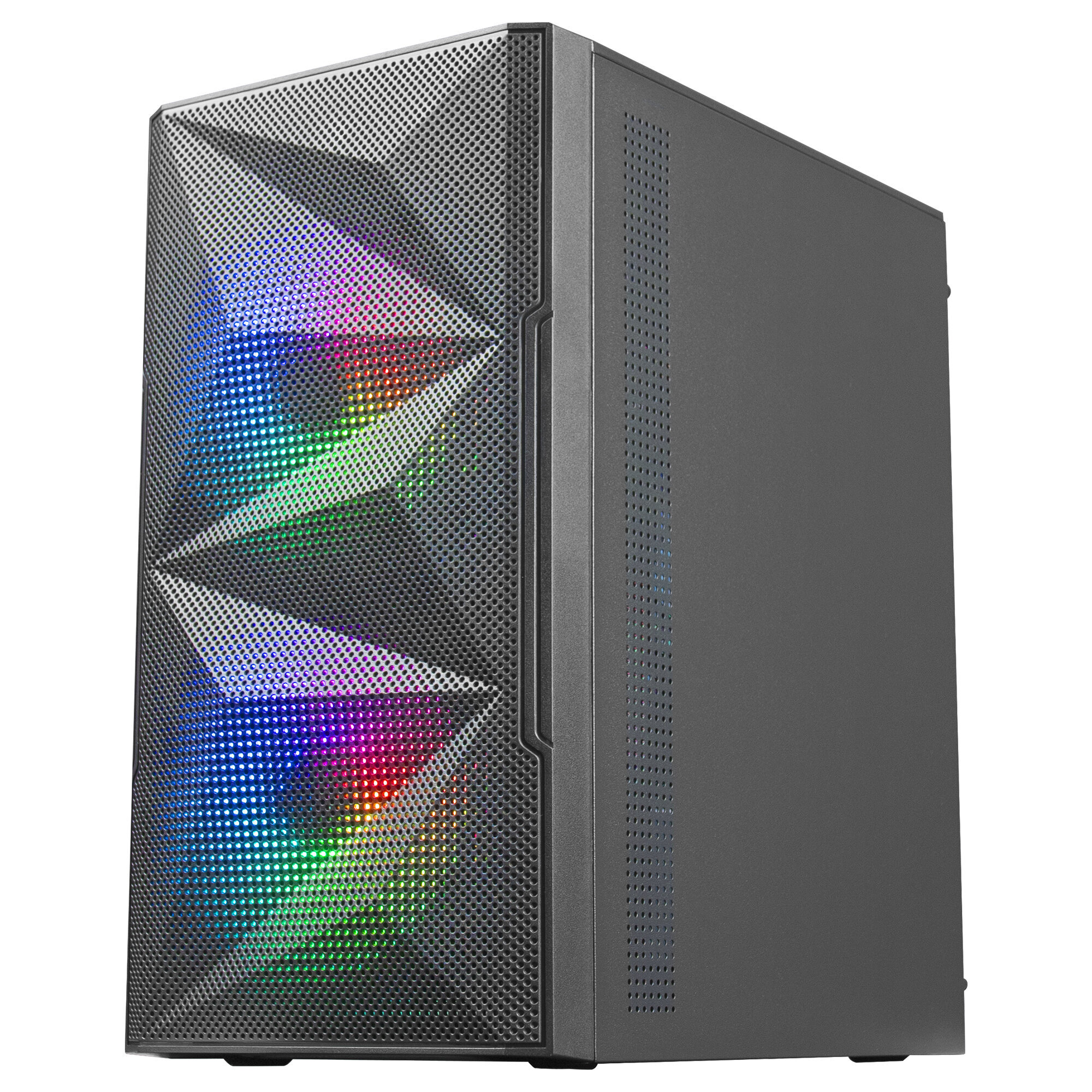 Czarna obudowa PC z podświetleniem RGB. Geometryczny design panelu przedniego. Sprzęt PC.