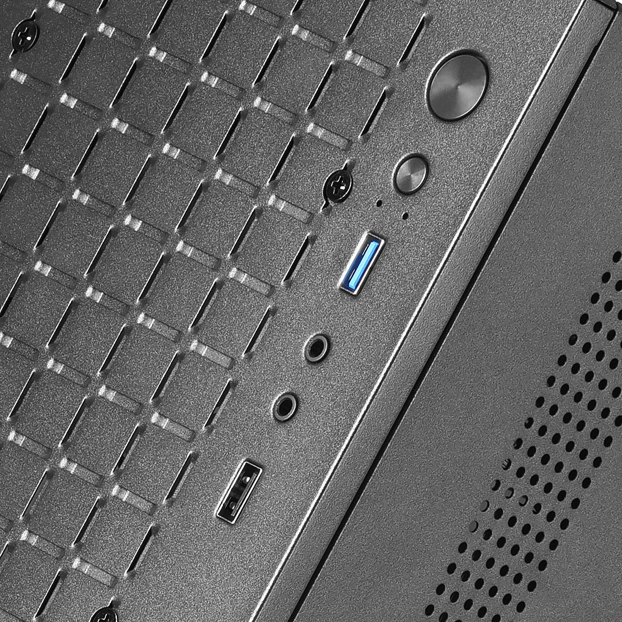 Zbliżenie panelu obudowy komputera. Pokazuje przyciski, port USB i inne małe otwory.
