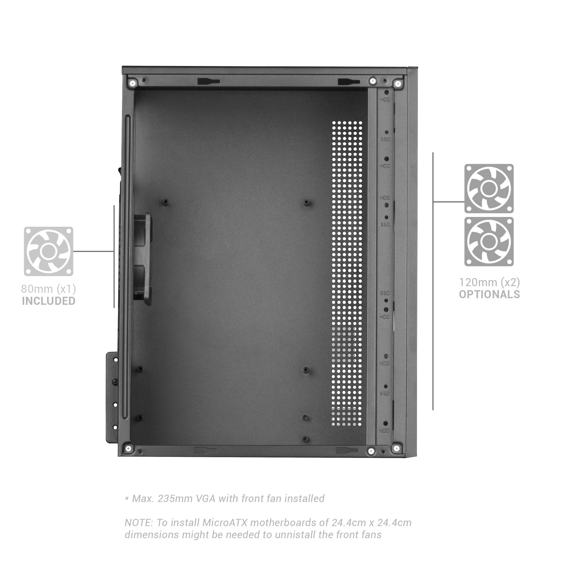 Otwarta obudowa komputera, pokazująca wnętrze. Zawiera etykiety dla pozycji HDD i SSD oraz rozmieszczenie wentylatorów.