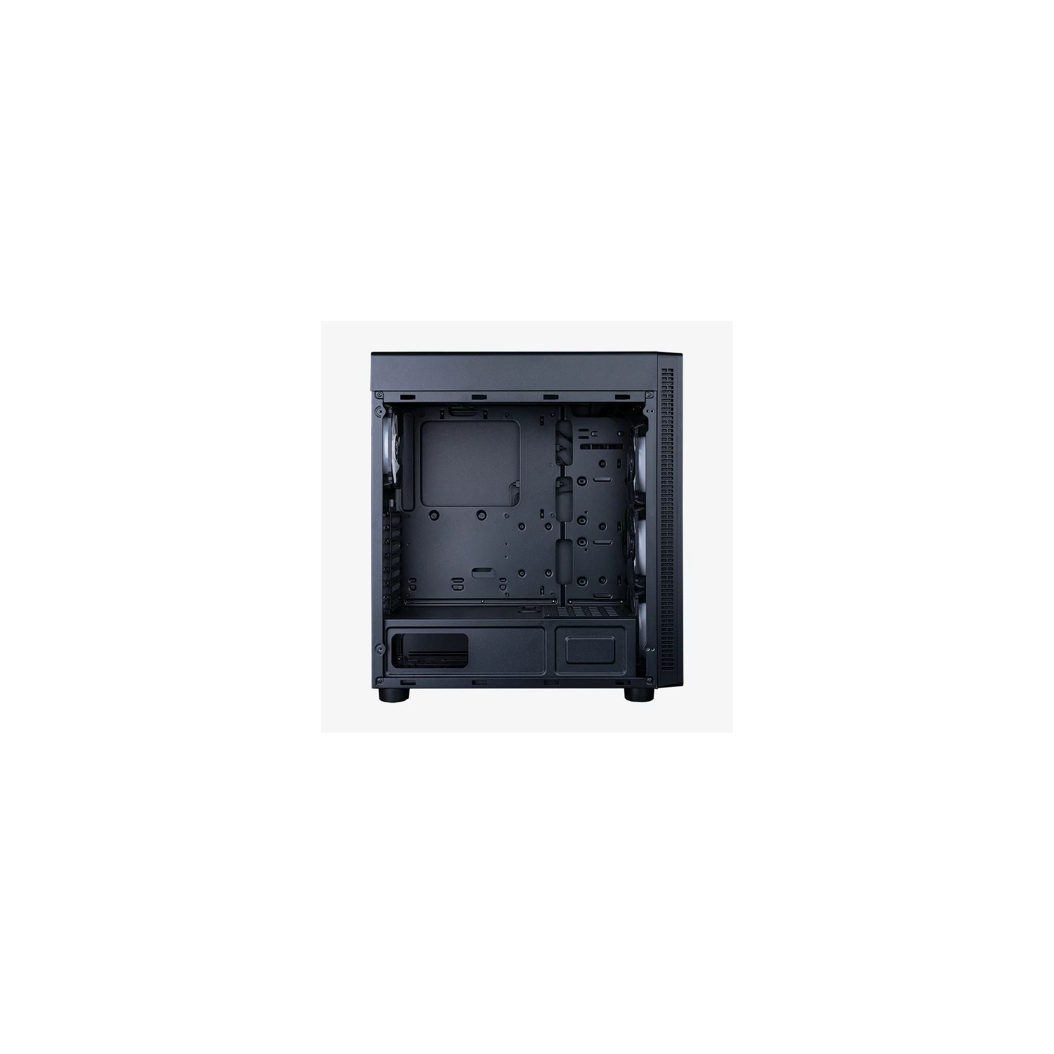 Interno del case del computer nero. Mostra il layout interno con spazio per componenti e ventole. Sfondo semplice.