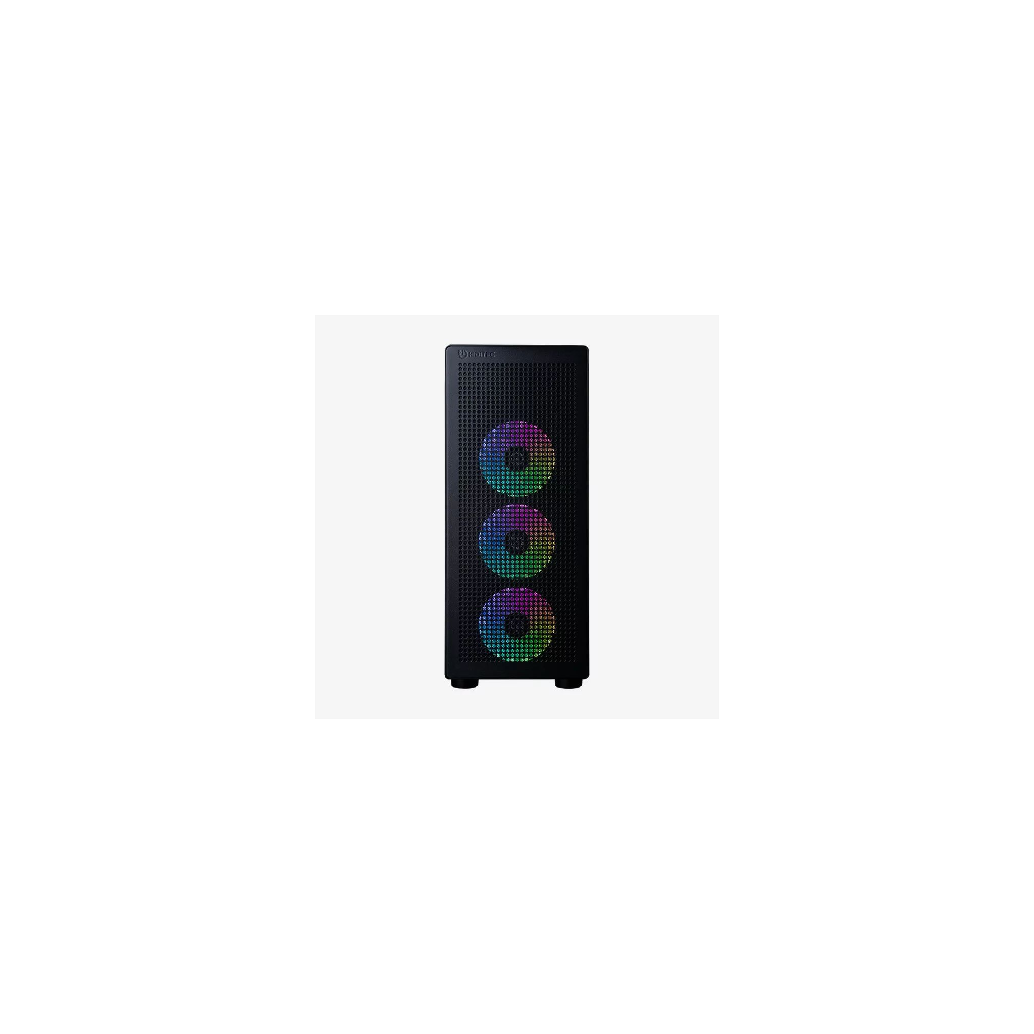 Case per computer nero con tre ventole RGB, ognuna che illumina un colore diverso, su sfondo bianco.