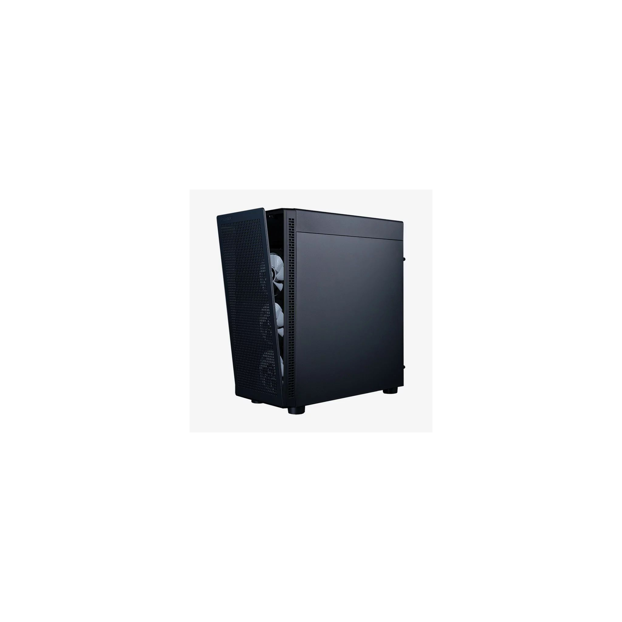 Case PC nero con pannello laterale a rete, aperto per rivelare i componenti interni.