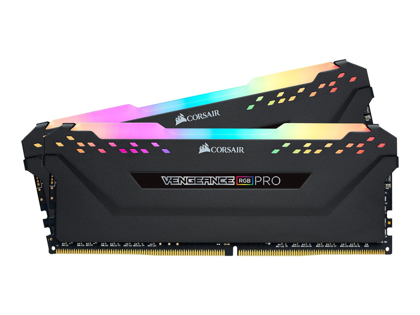 Dwa czarne moduły RAM Corsair Vengeance RGB Pro z kolorowymi światłami na górze.
