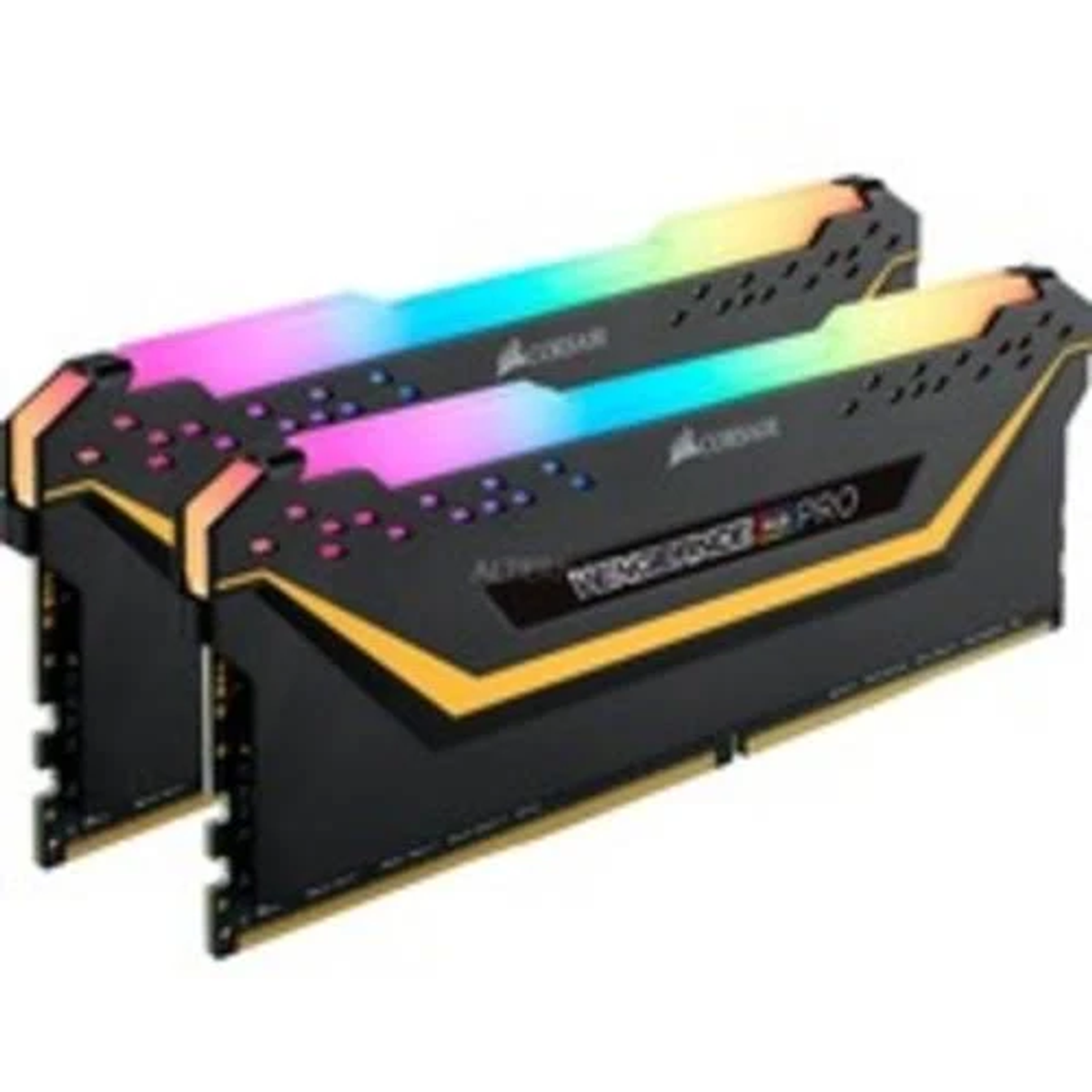 Dwie czarne kości RAM z kolorowymi światłami. Kości są ustawione pod kątem.