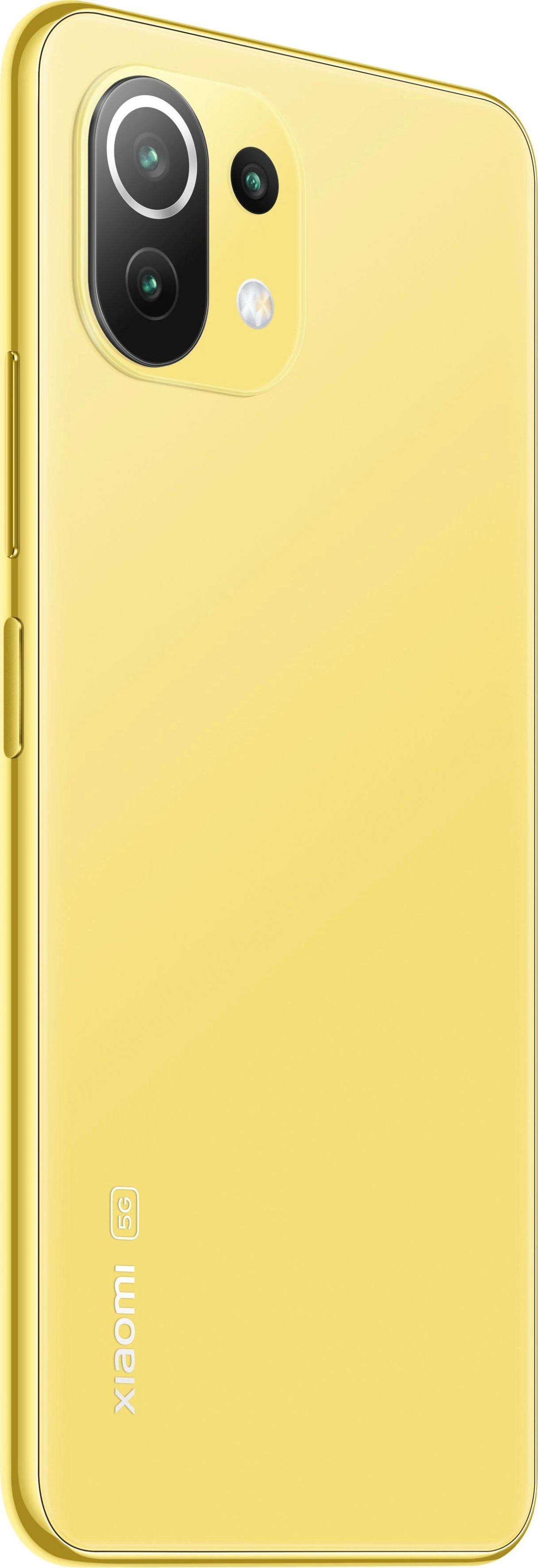 Teléfono inteligente amarillo, mostrando la configuración de la cámara y el perfil lateral.
