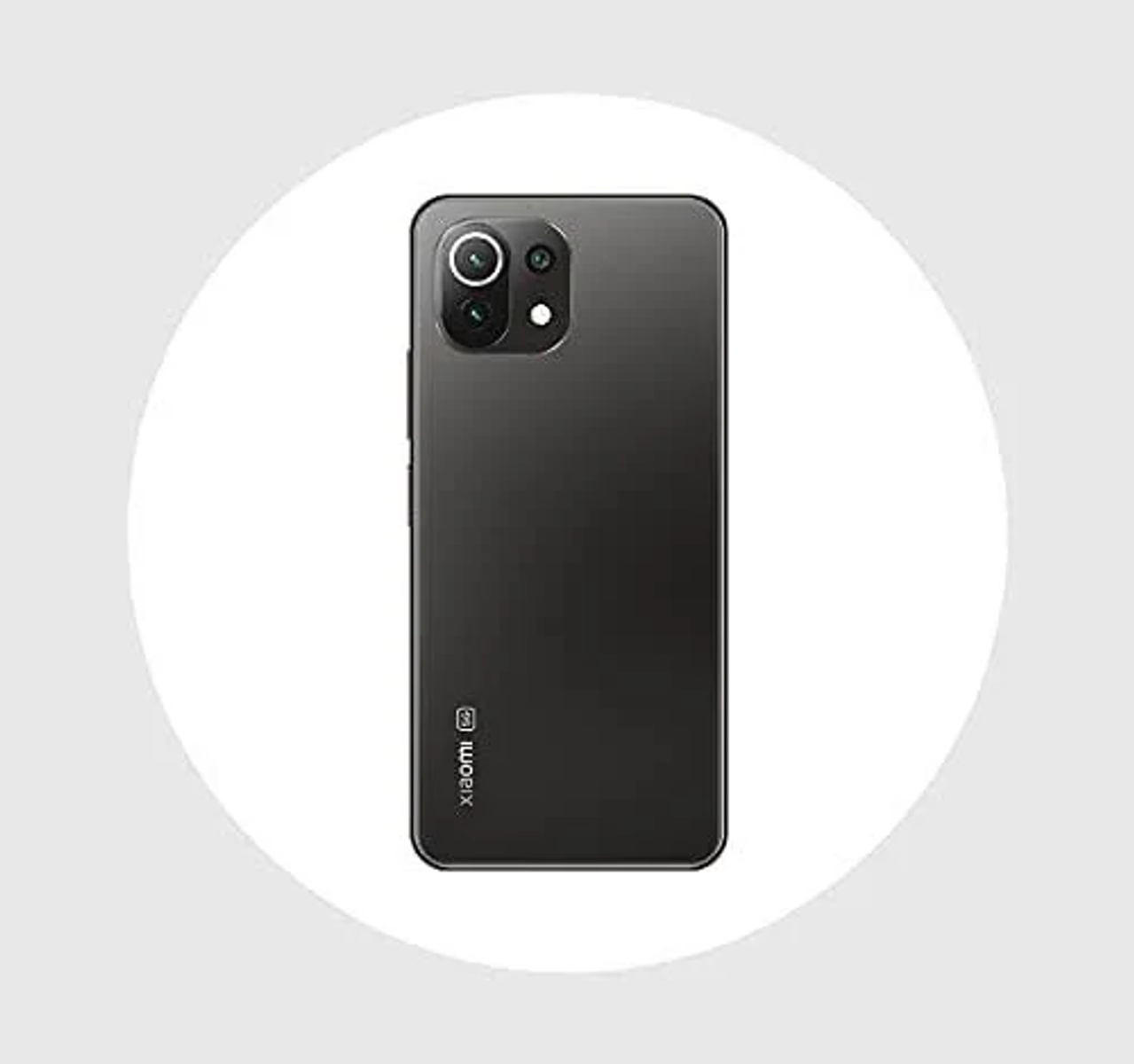 Smartphone negro con fondo circular. La parte trasera tiene tres cámaras.