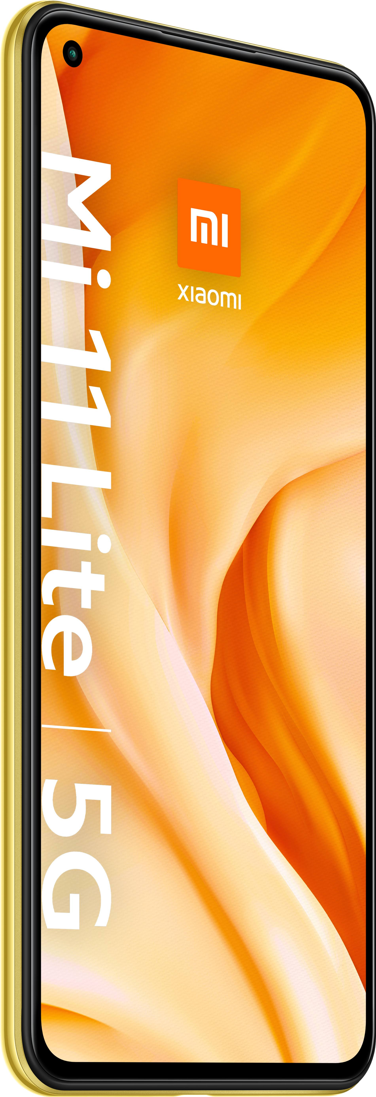 Teléfono amarillo con una pantalla que muestra una imagen naranja y blanca, logo de Xiaomi.