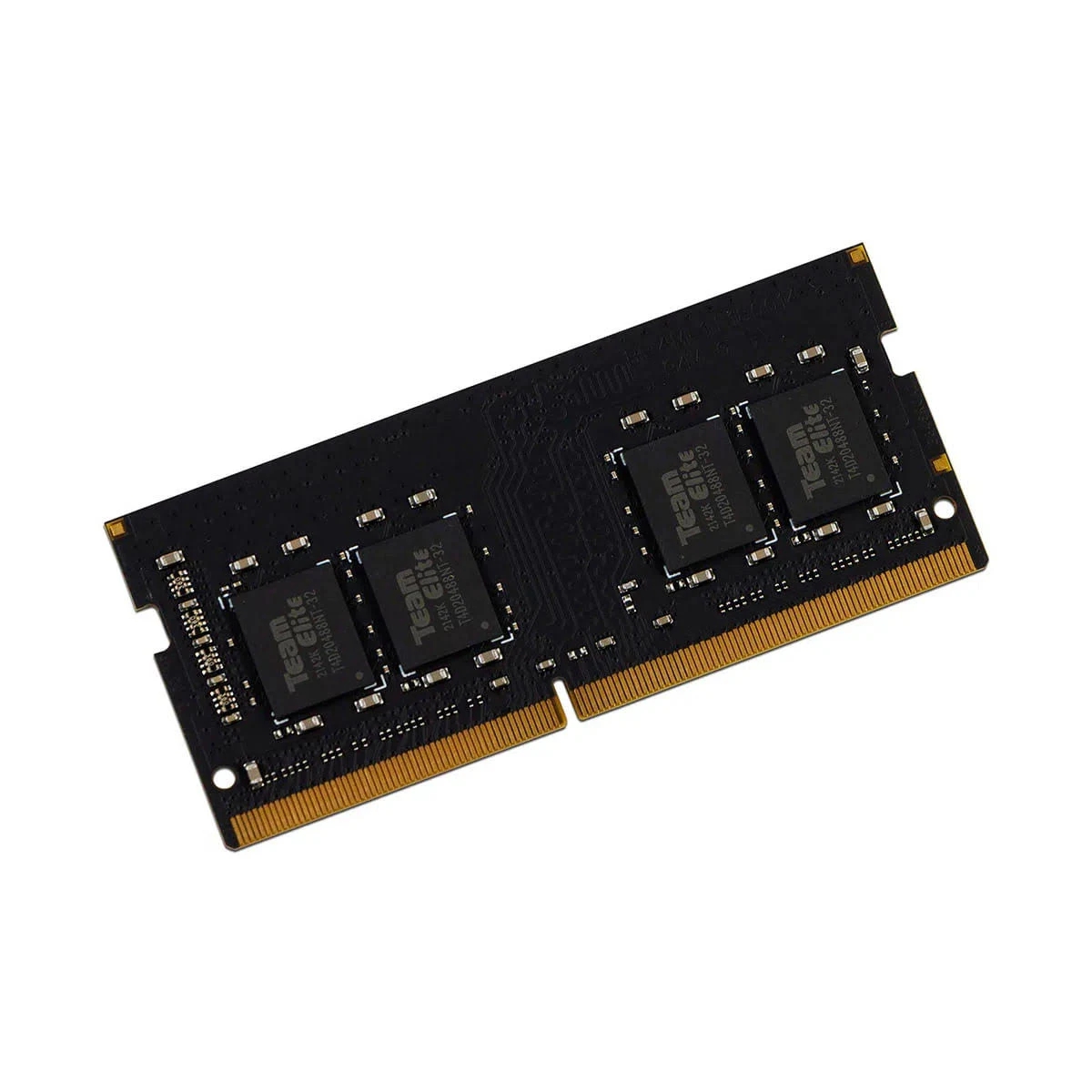 Czarny moduł pamięci RAM, z układami, na białym tle.