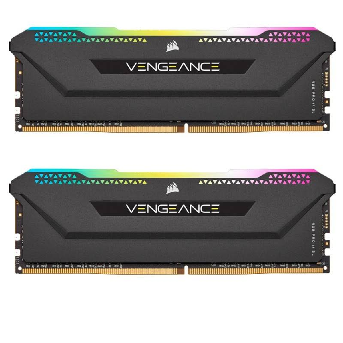 Dwa czarne moduły RAM z wielokolorowymi paskami LED. Widoczne słowo 'VENGEANCE'.