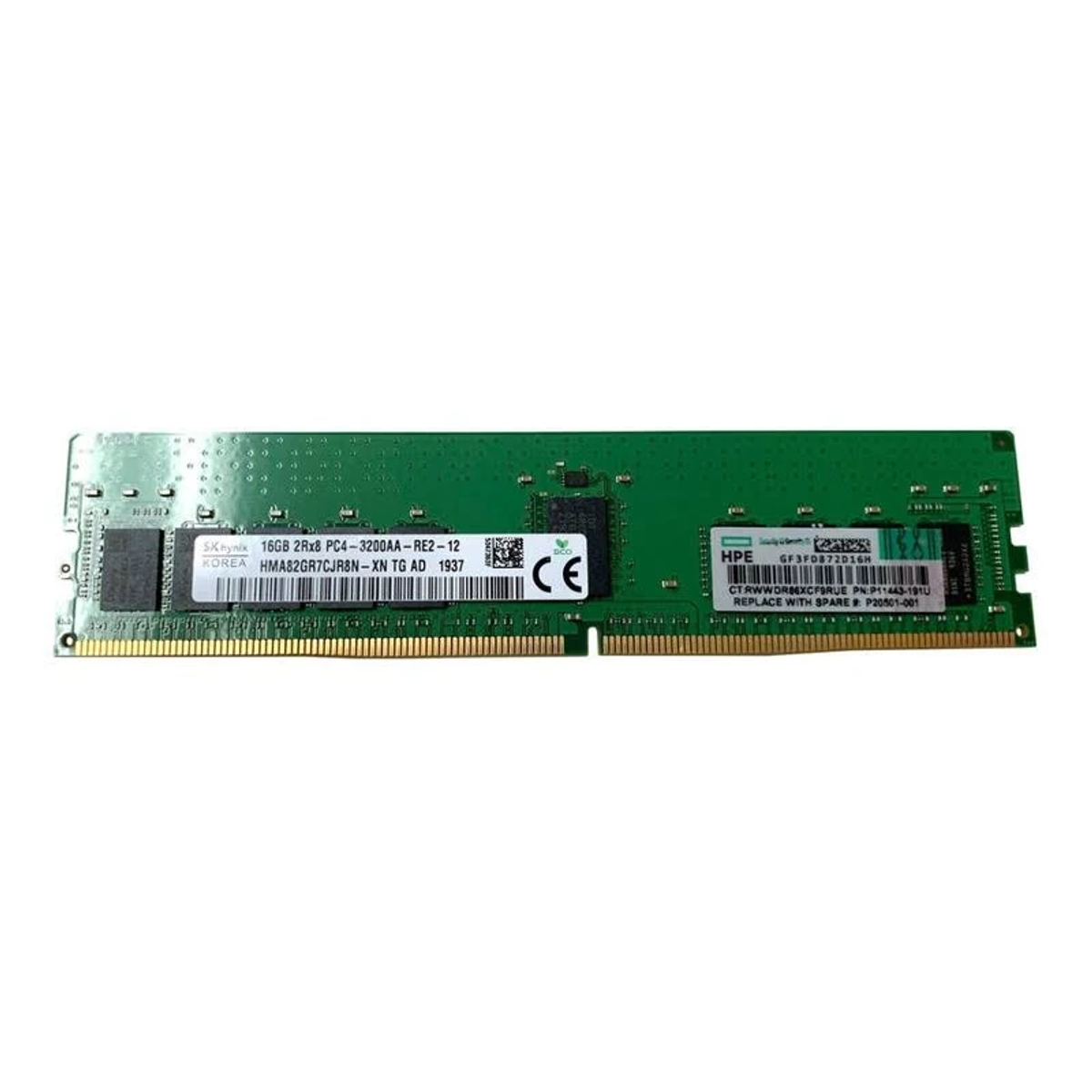 Modulo RAM verde con chip neri ed etichette, sfondo bianco.