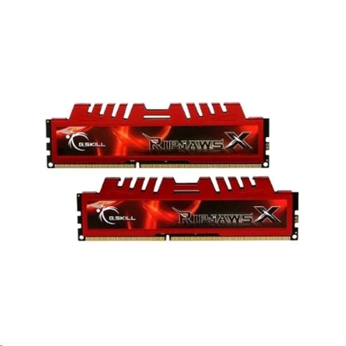 Dwa czerwone moduły RAM G.Skill Ripjaws X. Czerwony tekst i wzór. Białe tło.