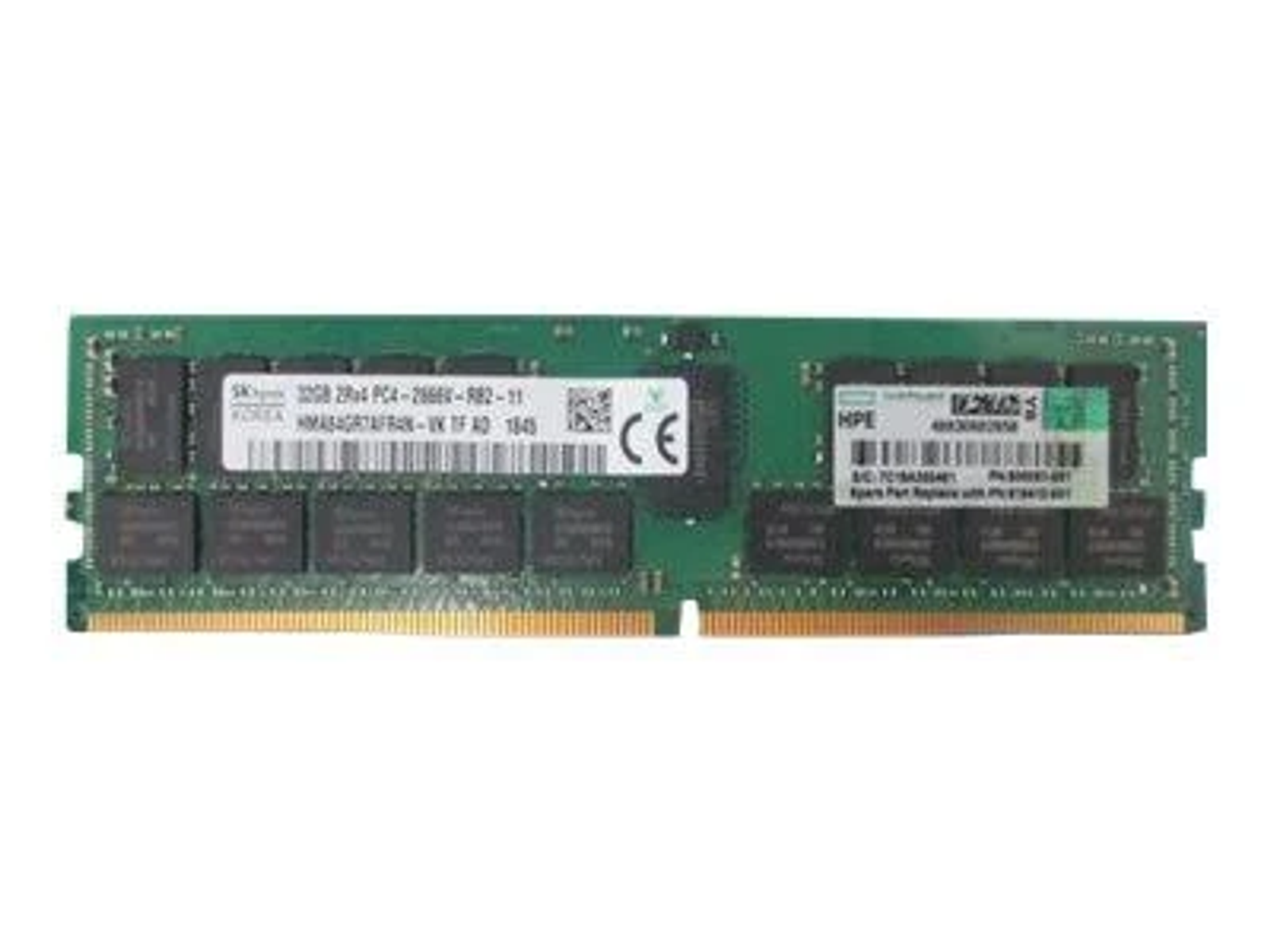 Zielona kość RAM z etykietami. Pokazuje SK Hynix, 32GB 2Rx4 PC4-2666V-R.