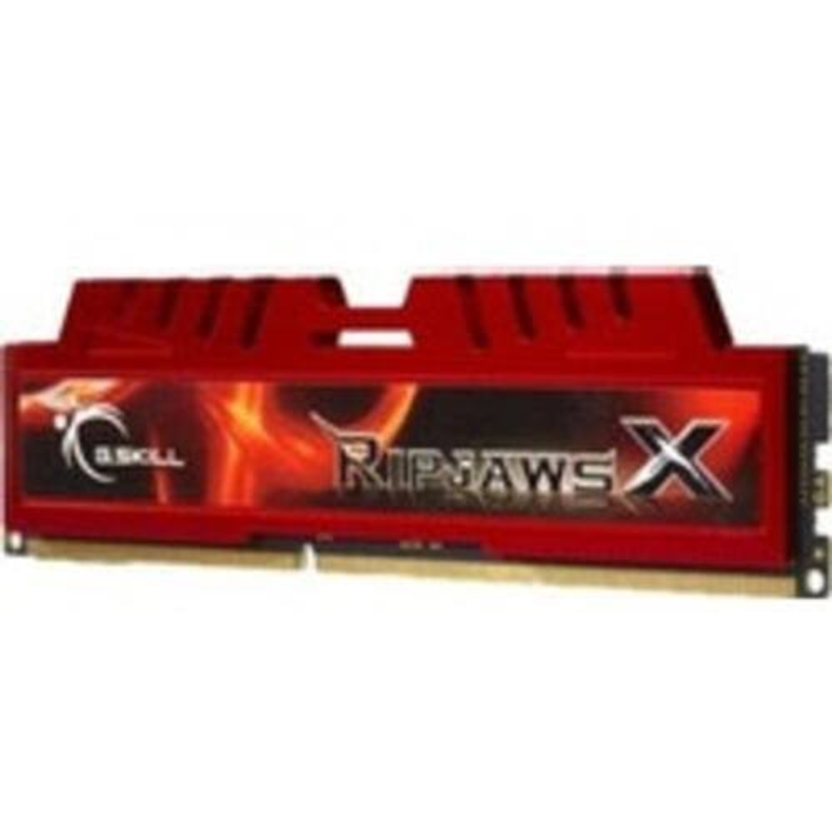 Czerwona kość RAM z marką G.Skill Ripjaws X. Tło ma pomarańczowy wzór ognia.