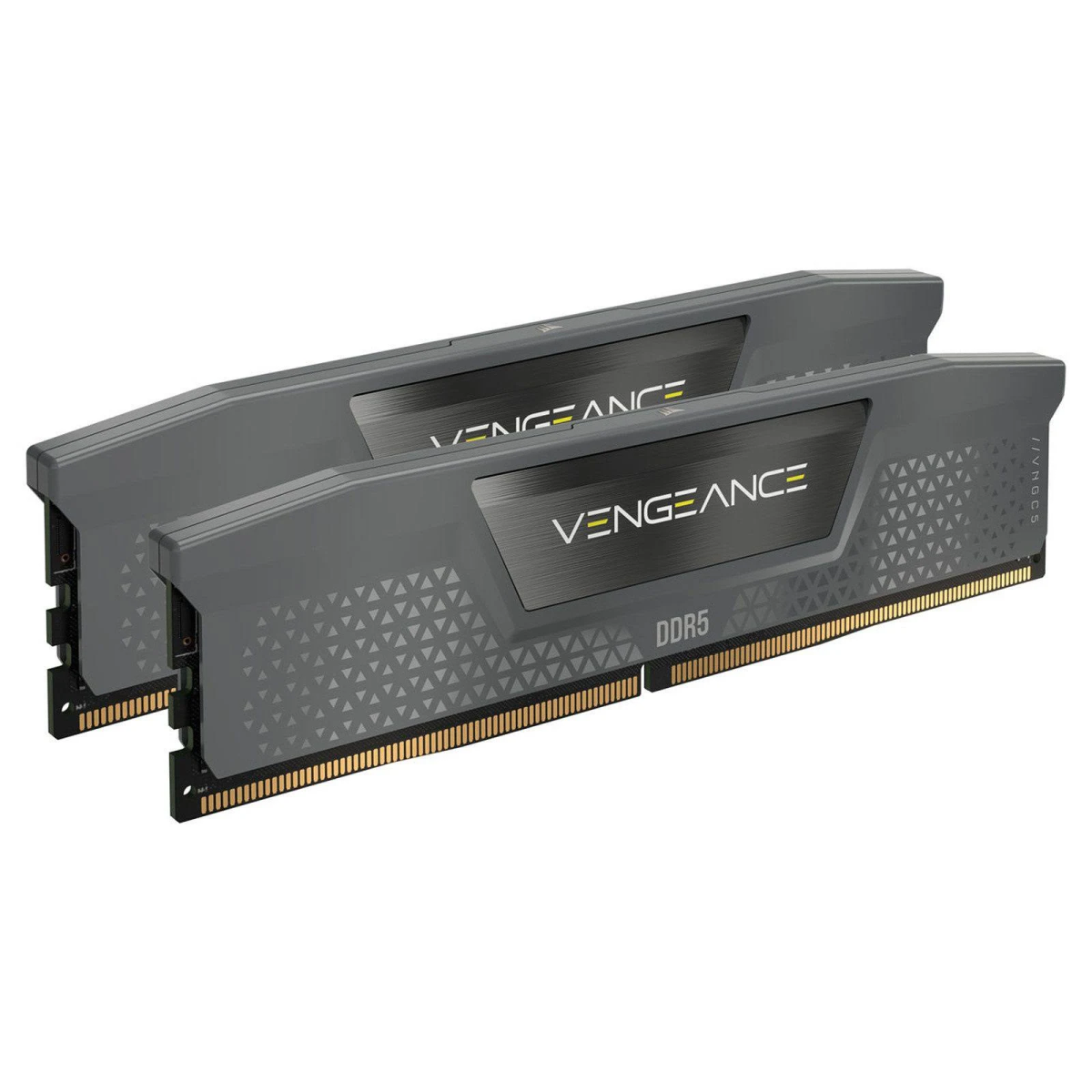 Dwa szare moduły pamięci RAM Corsair Vengeance DDR5. Widoczne logo Vengeance. Białe tło.