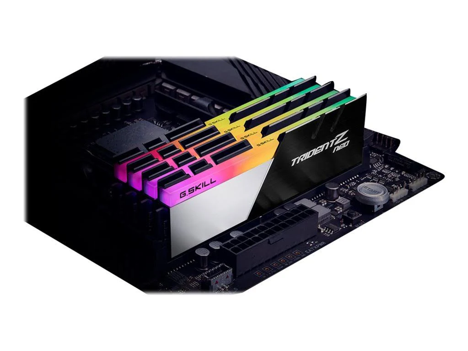 Pamięć RAM zainstalowana na płycie głównej z oświetleniem RGB. Widoczny tekst G.SKILL Trident Z NEO.
