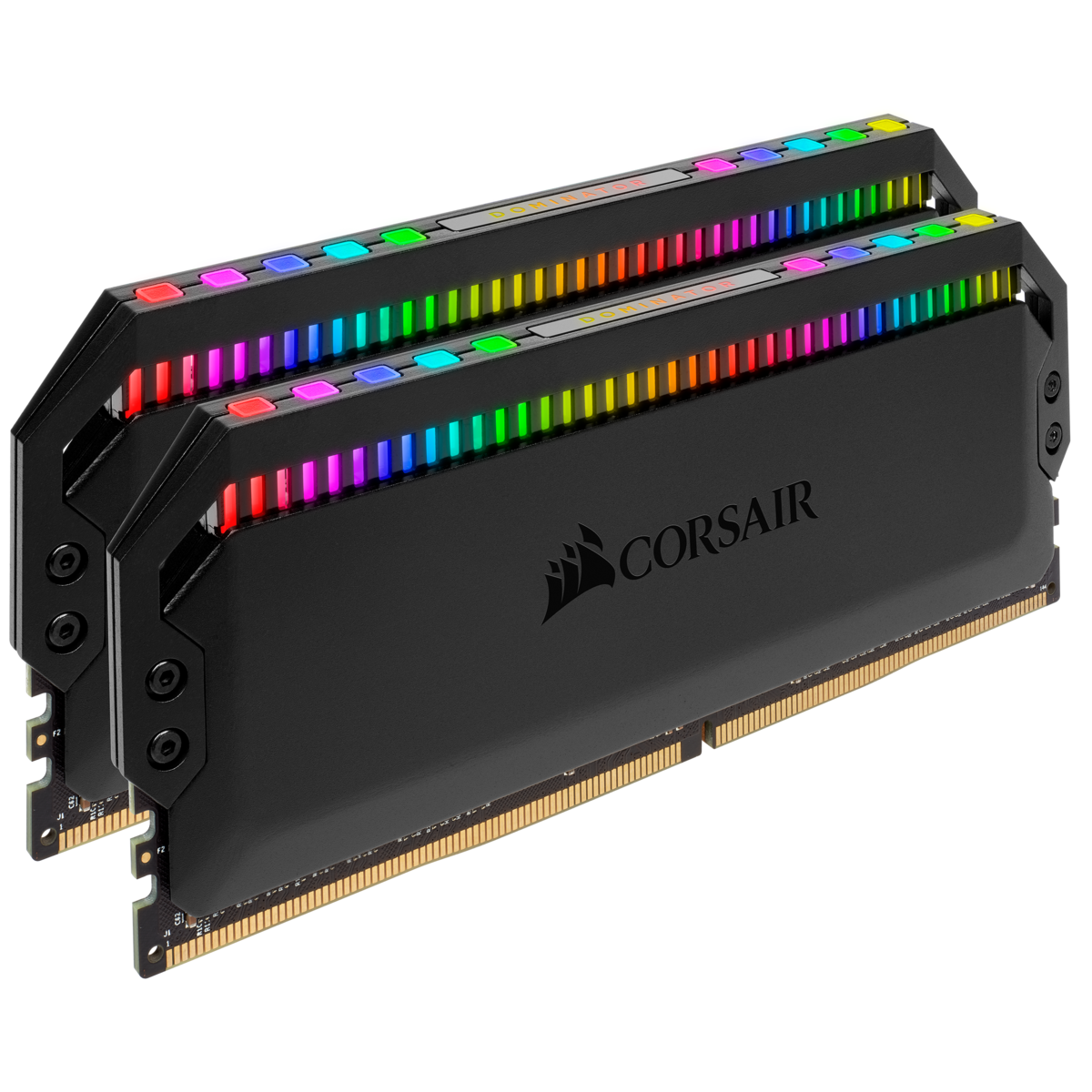 Czarne kości RAM z podświetleniem RGB. Widoczna nazwa marki 'Corsair'.