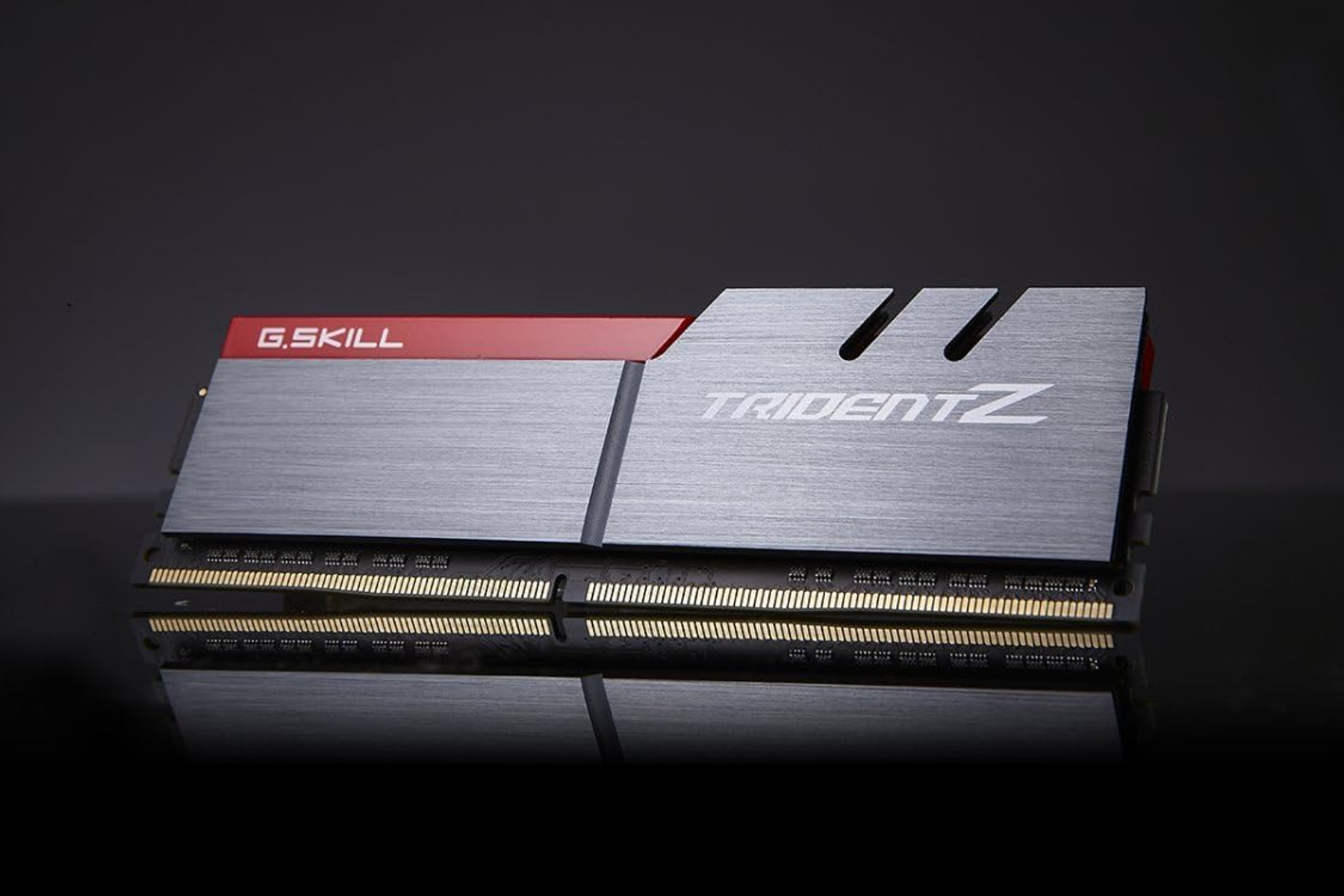 Zilveren RAM-module met rode details en het woord TRIDENTZ. Op een zwart oppervlak.