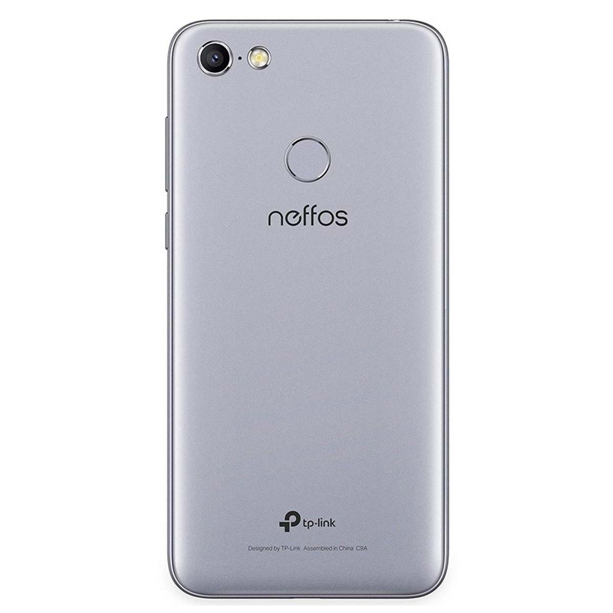 Die Rückseite eines silbernen Smartphones mit dem Wort 'neffos' und dem tp-link-Logo, auf weißem Hintergrund.